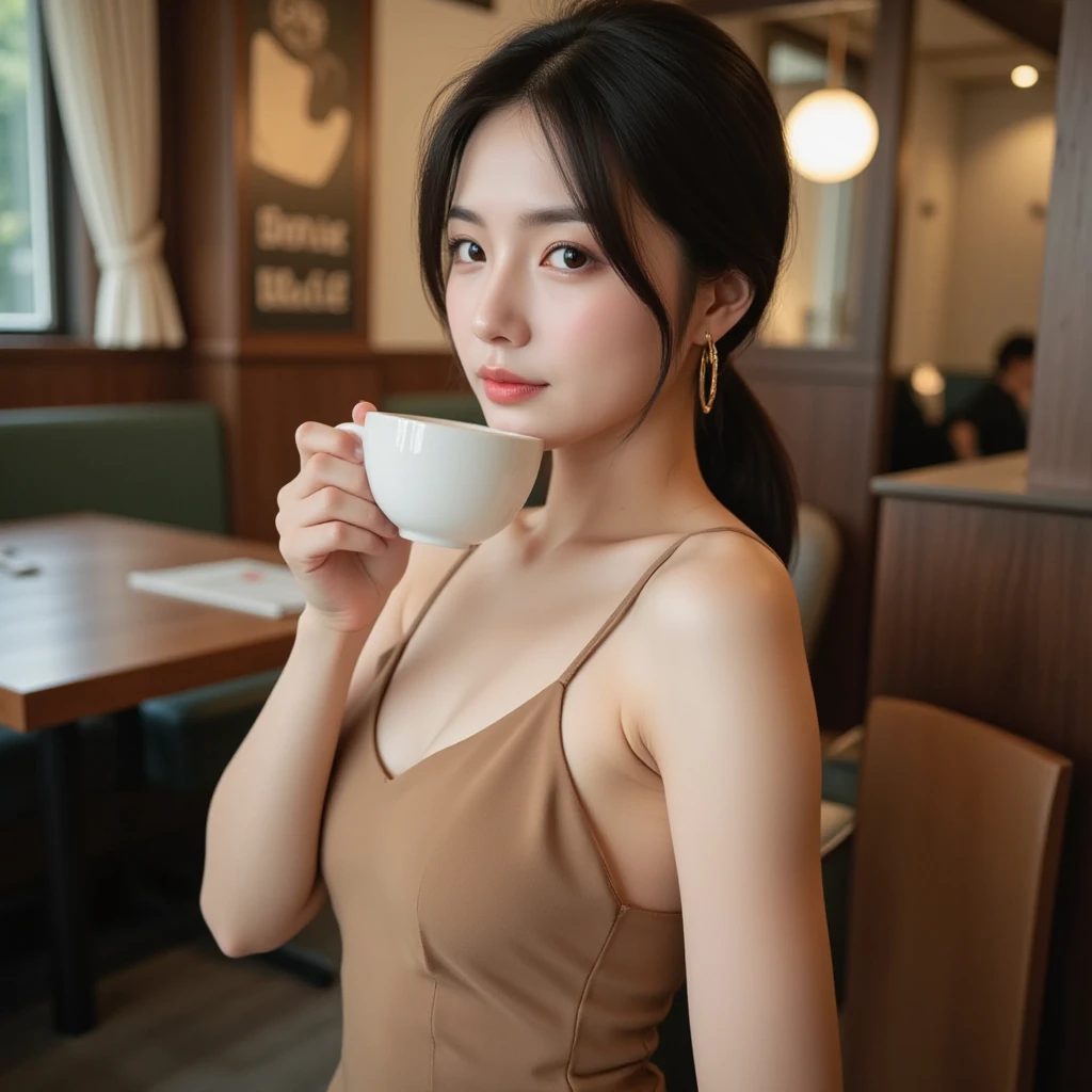 (best quality,4k,highres),(realistic:1.37), Detailed Eyes, White Dress, Cafe, Fair-skinned, (upper half of the body on the screen), Busty,