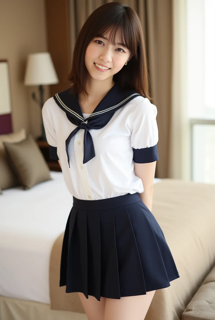 Japanese, high school girl, pure, idol, smiling, young face, long straight black hair, white hairband, white short-sleeved blouse, blue ribbon decoration on collar, plaid pleated skirt, black socks, dark brown loafers, standing in front of a white bed, antique bedroom, window, seaside park, full moon night, starry night, nostalgic scenery, gravure photo shoot, resort island