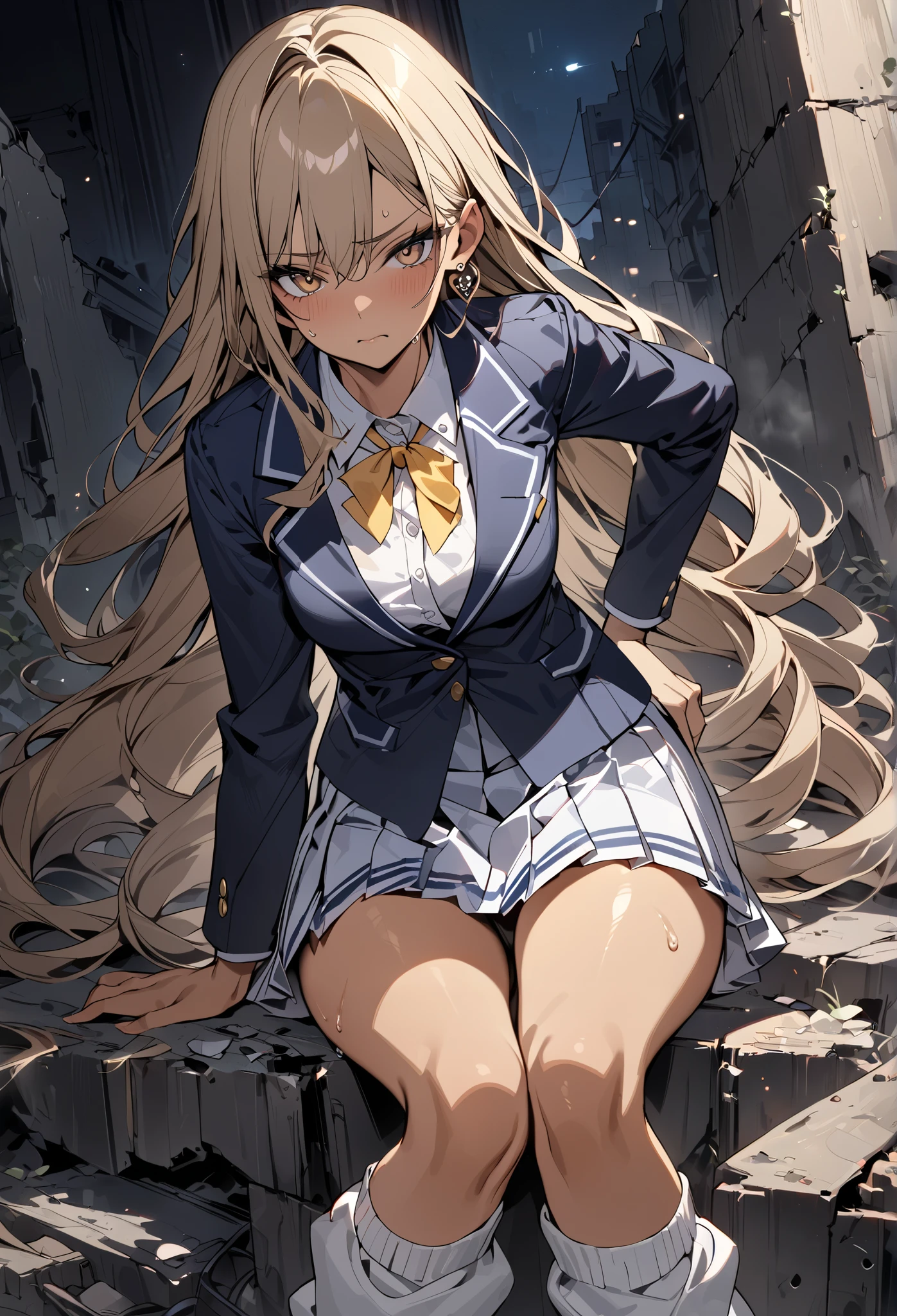 ((masterpiece,super quality:1.2)),(super resolution),(solo),cowboy shot,night,Slender female high school student with thin legs sitting by a wall in ruins,beautiful face, healthy tan skin ,sweat,( Light Brown Long Hair ),Perfect brown eyes,serious expression,high quality navy blue blazer,high quality white school cutter shirt,high quality navy blue pleated skirt,high quality white loose socks,loafers,gold earrings