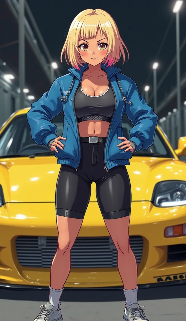 (Best Quality,4K,8K,hight resolution,masutepiece:1.2), Ultra-detailed, (Realistic,photoRealistic,photo-Realistic:1.37), meadow girl, Wearing sweat,grin,hand on hip,((sports bra and black leggings)), wristbands,White loose socks,Black sneakers,Beautiful detailed eyes, Beautiful detailed lips, extremely detailed eye and face, long eyelashes, Realistic anime 3D style, Smooth Anime CG Art, Digital rendering by Makoto Shinkai, Moe Anime Art Style, photoRealistic rendering of an anime girl, Shinkai Makoto style, Cute anime girl visuals, Realistic young anime girl, girl fan art, Created by Anime Artist'studio of.