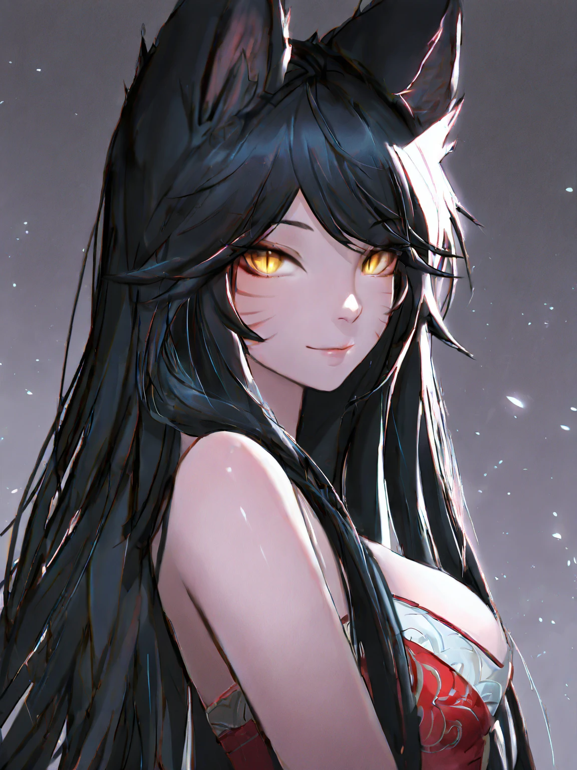 beautiful womean, Ahri, facial mark, bare shoulders, cleavage, black hair, yellow eyes, smiling, red marks on face, close-up, (((multiple tails, ninetales))), high heels, whole body