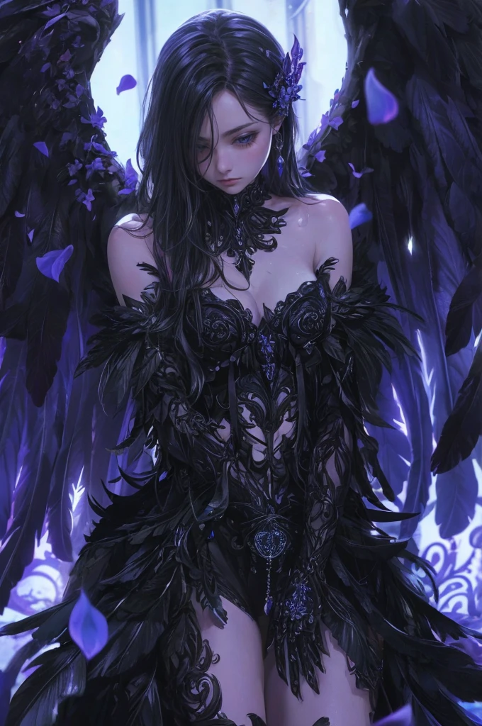 a beautiful flower angel, futuristic gothic style, extremely detailed face and body, anime-inspired, photorealistic, cinematic lighting, intricate floral patterns, ethereal wings, dramatic pose, moody color palette, volumetric light effects, hyper-realistic textures, ornate gothic architecture, stunning digital art