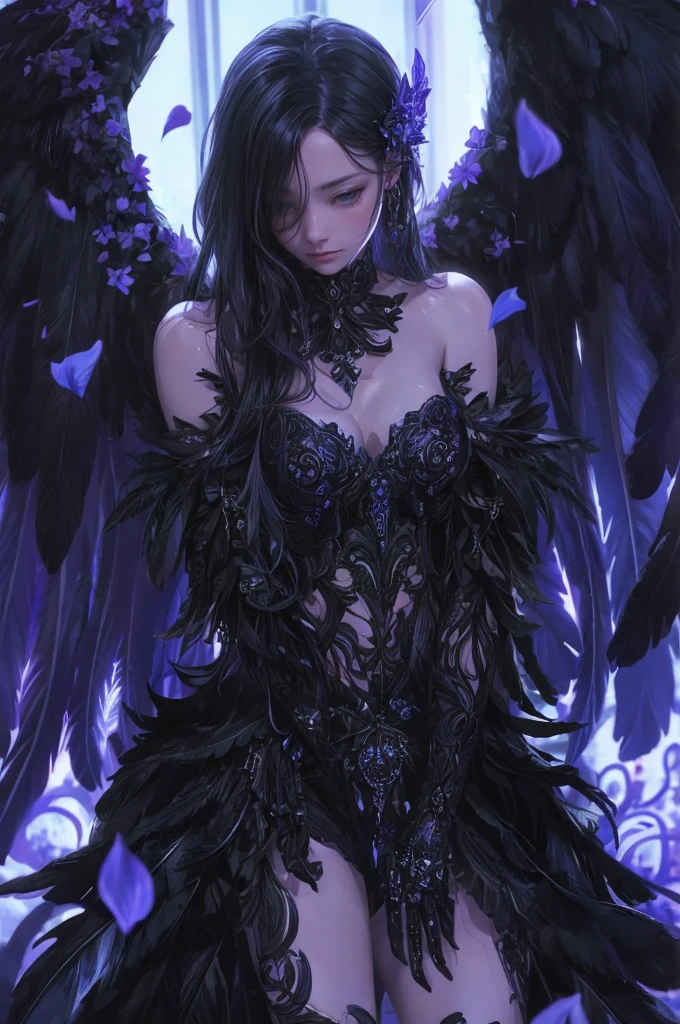 a beautiful flower angel, futuristic gothic style, extremely detailed face and body, anime-inspired, photorealistic, cinematic lighting, intricate floral patterns, ethereal wings, dramatic pose, moody color palette, volumetric light effects, hyper-realistic textures, ornate gothic architecture, stunning digital art