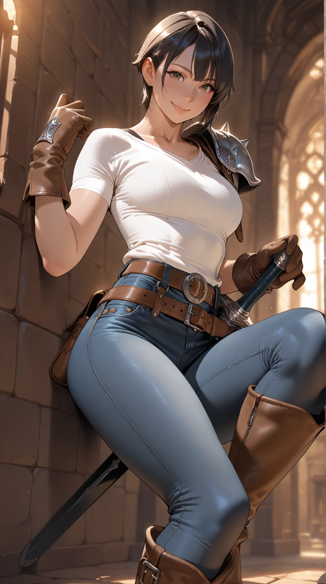 (cartoon style:1.2), Drawings of (Ginevra Molly Weasley), he used to smile, perfect green eyes, face detailed, White background, fun pose, seducing gaze,Full body wearing the Sanserina uniform, beautiful medium breasts and wonderful body cartoon style digital illustration. Wearing pantiesJennifer Connelly , , white bra, green vest, sleeveless, へそ, blue jeans, Brown boots, gloves fingerless, short gloves, slightly-smile, shorth hair, wavy hair, parted bangs, blue colored eyes, wart under the right eye, old american west, sunny desert background, waist belt, best qualityer, Artwork Jennifer Connelly nude without clothes, Beautiful breasts