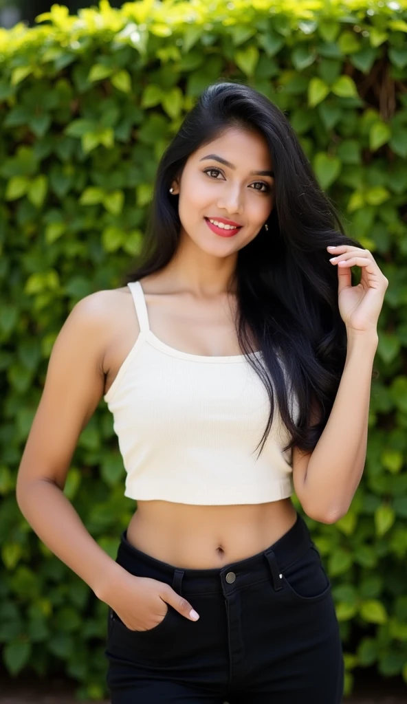 A cute and seductive looking 28 year old Indian girl, with medium-long hairs, front pose, smiling mouth open,small-medium sized boobs, in a black top and jeans, standing in a garden ,detailed background, detailed model.