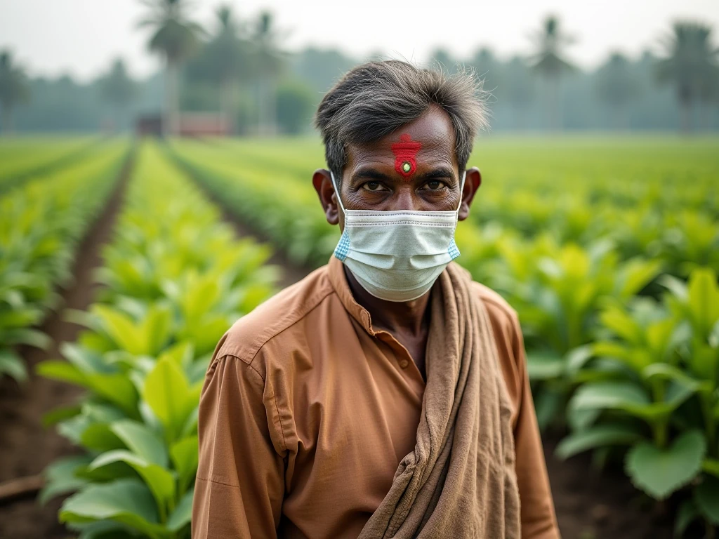 Indian farmers during covid 19 wearing mask with a farm behind them (more than one farmer)
