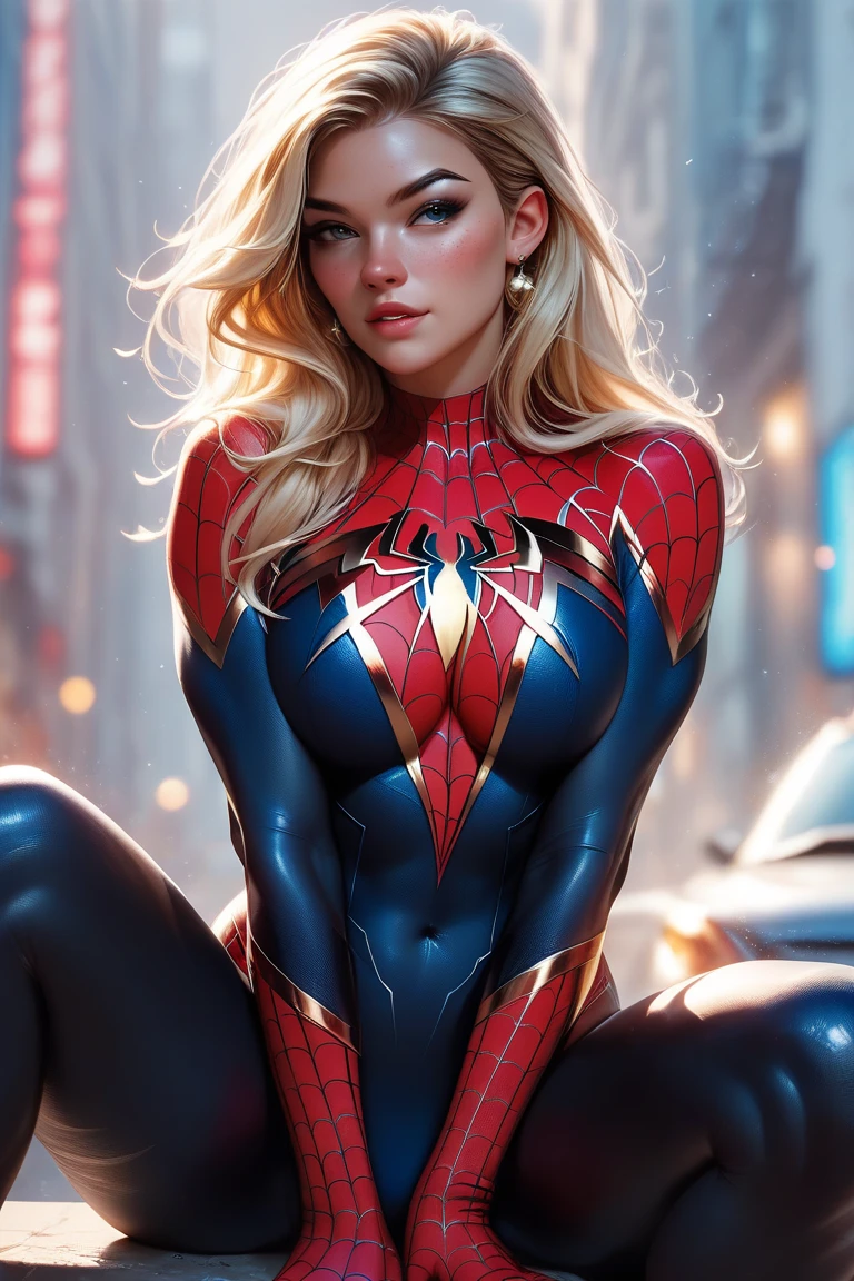 Margot Robbie、Sticking out the navel、newyork、She wears a torn Spider-Man suit,wearing skirt、abstract photorealistic、artistic、Alphonse Mucha's painting(masterpiece、top-quality、hight resolution:1.4)、detaileds、複雑なdetaileds、4K、color splashes、line-drawing、Fibonacci、