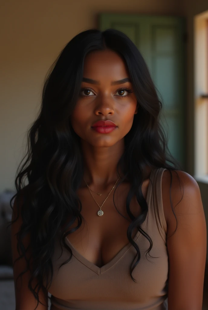 a gorgeous African girl with long dark hair, detailed eyes, nose, and lips, large breasts, wearing a tank top, sitting in her office, using her computer, hp computer (best quality,4k,8k, highres,masterpiece:1.2),ultra-detailed,(realistic,photorealistic,photo-realistic:1.37),HDR,studio lighting,extremely detailed face and body, portrait,cinematic lighting,dramatic lighting,warm color tones,dramatic colors, Seed 1774389946