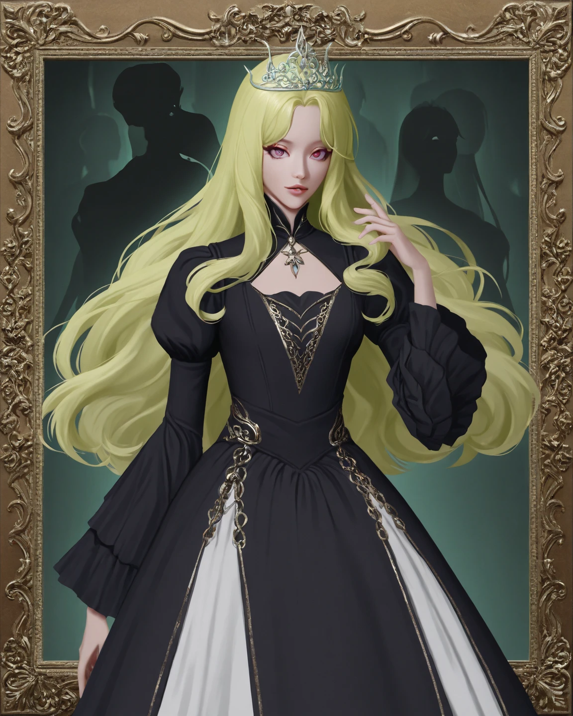 1 girl, young, beautiful, slim build, blond hair, dark green eyes, small breasts, interest, dress, dark dress dress without jewelry, gold threads in the dress, palace, hall, gothic architecture, dark background, dark atmosphere, golden crown, small crown, view from afar, full-length, lust, noblewoman, smile.