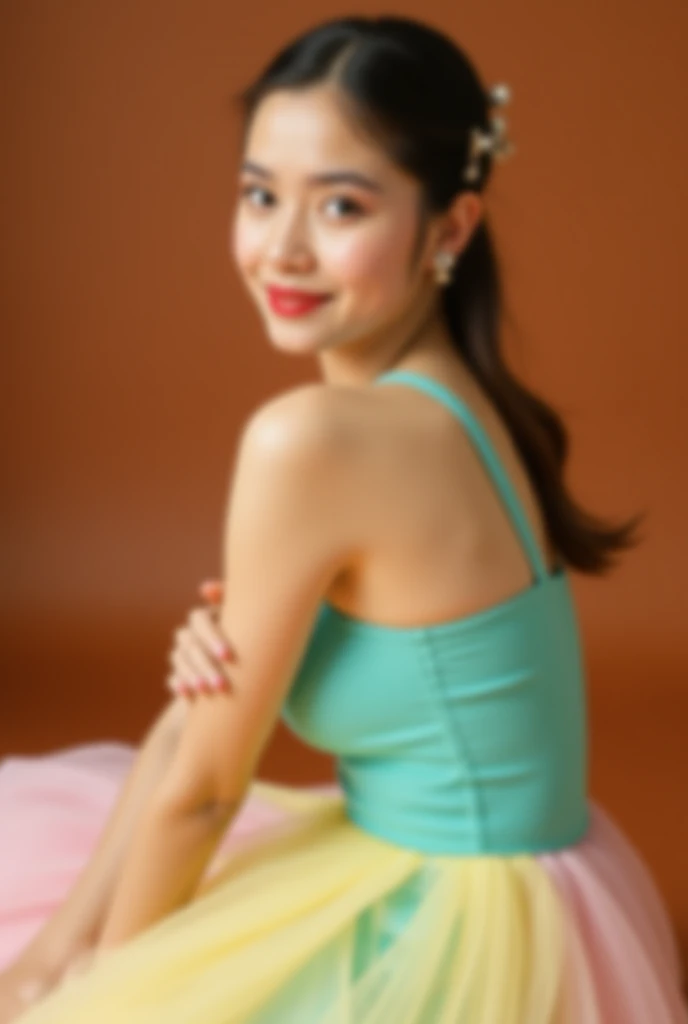 Fashion model photography, Ballet Dress, Strong design sense, Medium Shot, South African girl, short hair, hair accessory, Delicate skin, smile, Simple Background, High quality texture, Glare Backlight, Professional Studio Lighting