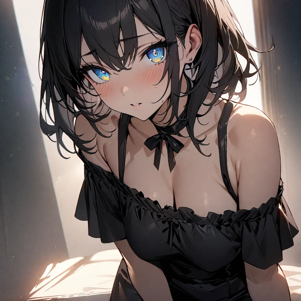 anime girl, beautiful, long black hair, blue eyes, slender, high ,