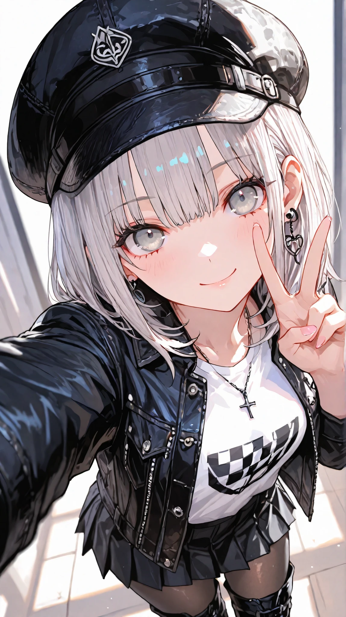 1 girl, medium hair, solo,silver hair,silver eyes,looking at viewer,(EyesHD:1.2), masterpiece, best quality, ultra-detailed, very aesthetic, sharp focus, depth of field, vibrant colors, ray tracing, best lighting, detailed illustration, detailed background, cinematic,necklace, earrings,white shirts,leather pleated skirt,black denim jacket, black cap,pantyhose,thigh boots,selfie,from above,smile,peace
