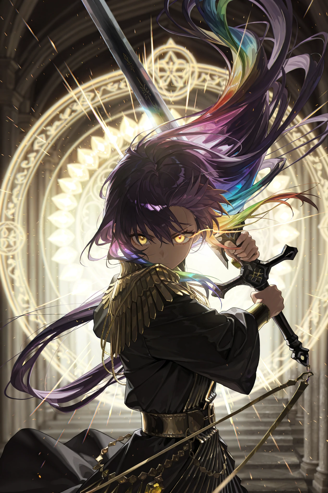 by [arknights|(748cmstyle:0.5)], god rays, cinematic shot, young adult, masterpiece, best quality, amazing quality, very aesthetic, high resolution, ultra-detailed, absurdres, 1girl, solo, alone,(dynamic pose, upper body focus, three quarter view, side shot, action shot, medium shot:1.2), one handed crystal greatsword, glowing sword circle, golden eyes, burning eyes, eye trail, translucent eyes, very long hair, (prismatic hair, rainbow hair, reflective hair:1.1), purple hair, glitch art photo, (crystal reflective greek palace:1.04), BREAK, depth of field, volumetric lighting 