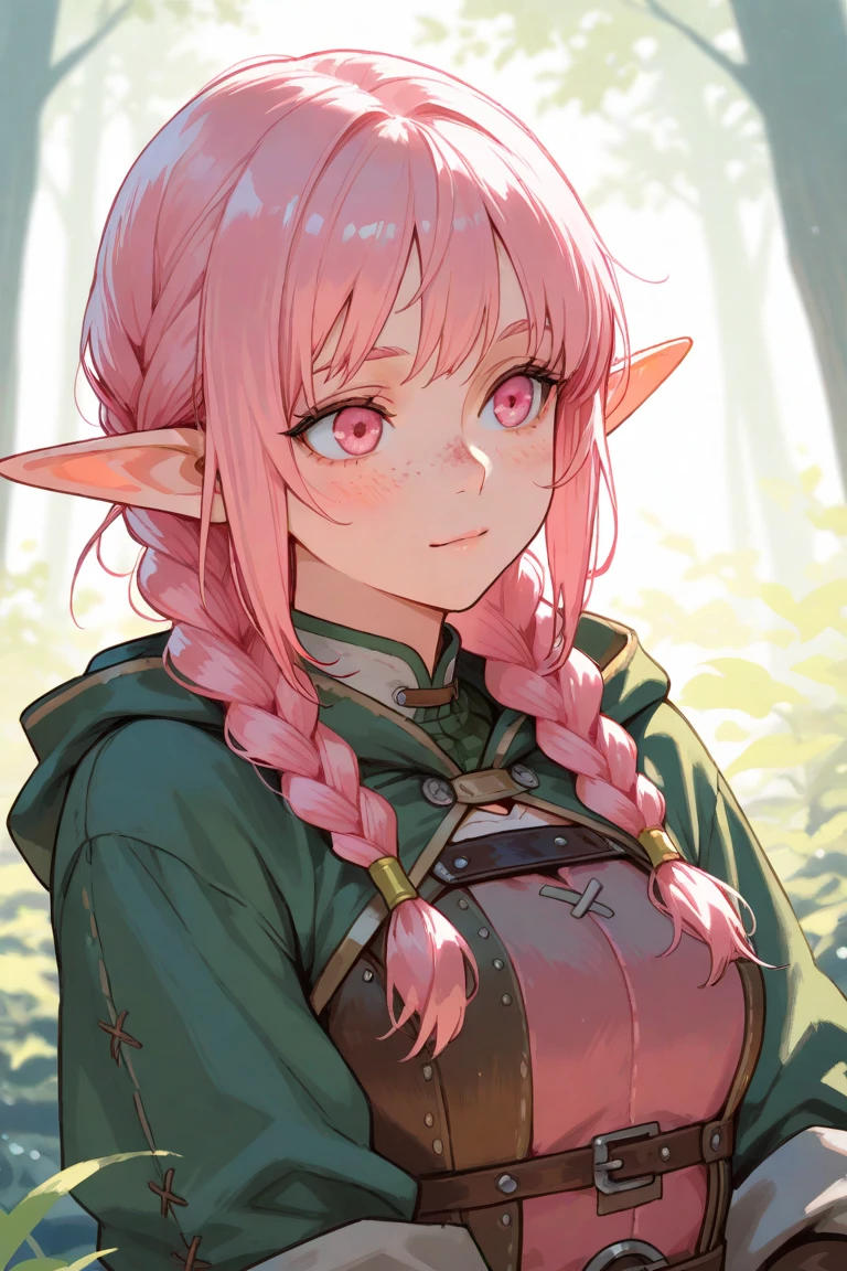 best quality, (masterpiece),(ultra-detailed), (high quality), (high resolution),<lora:add_detail:0.7> ,  <lora:rose:0.7>,rose, pink hair, pointy ears, hairband,blue eyes, green shirt,