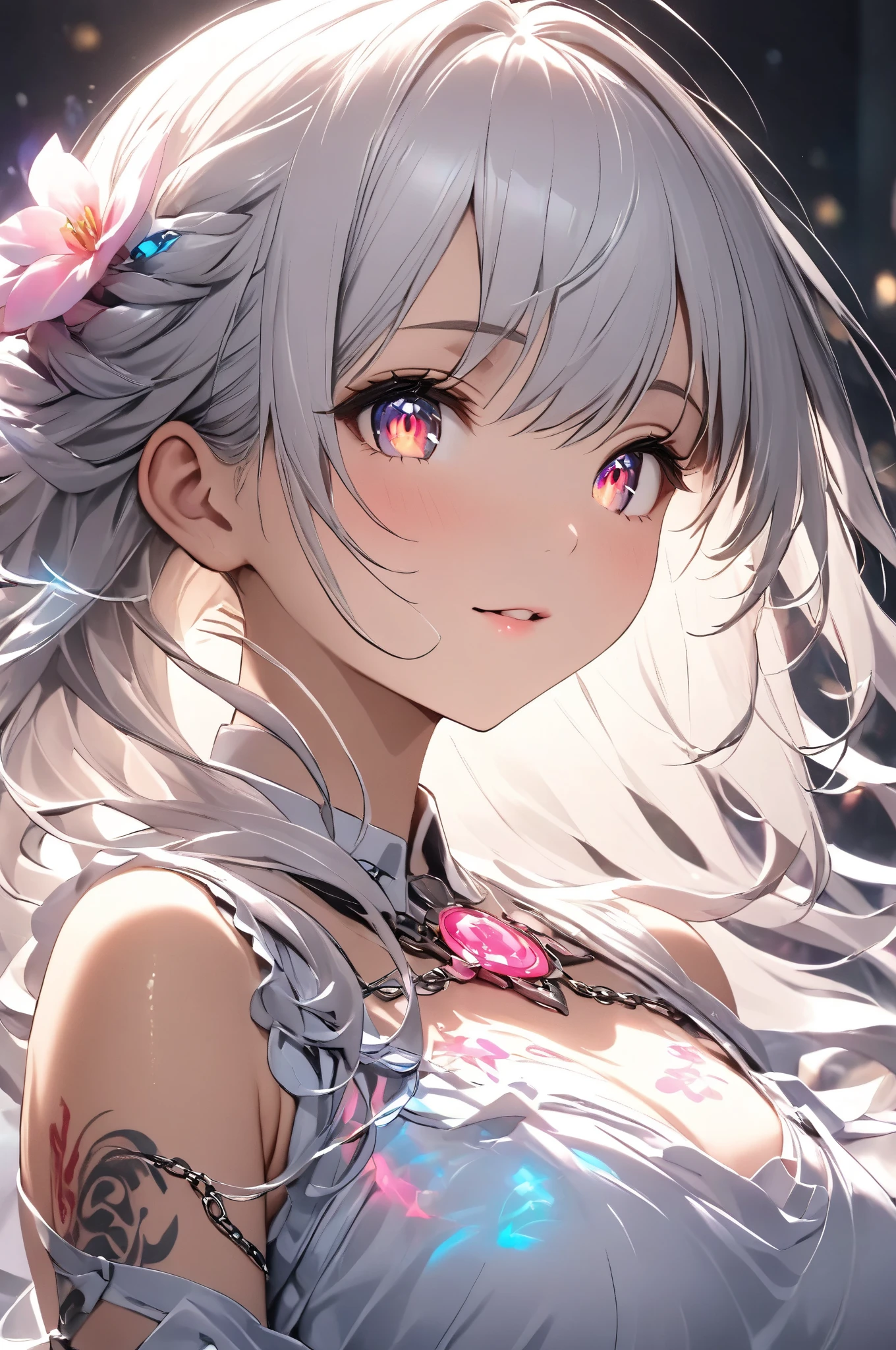 Cat ear,Awesome girl, Night moon Full moon, 1 female, Mature Woman, A woman with long silvery white hair, Pale pink lips, Calm, intellectual, Pink Eyes,Flower