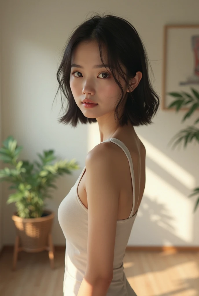 Japanese women、50 years old、Brown Hair、Shortcuts、White camisole、Bcup、White T-front panties