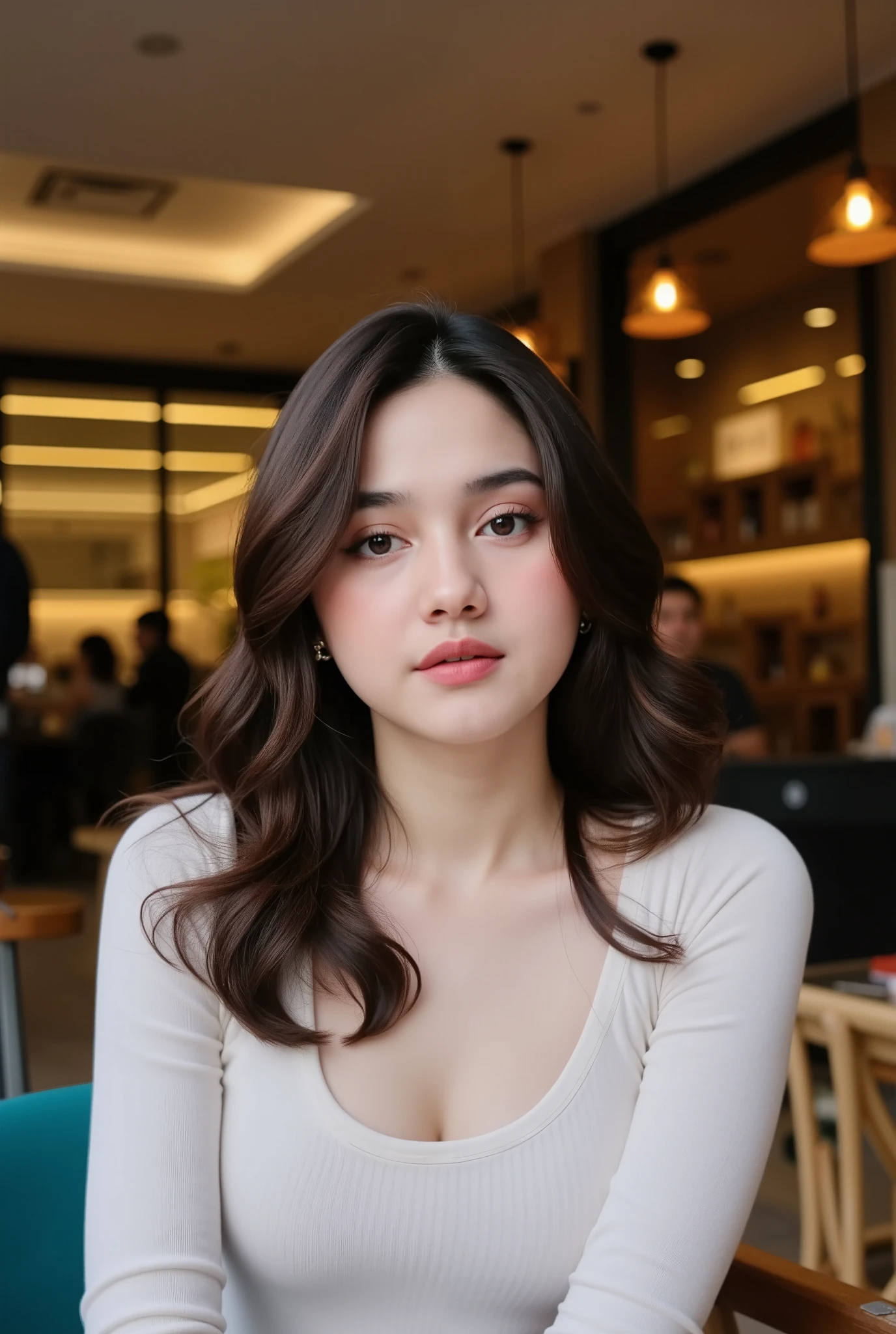 Beautiful a young girl, highlight hair, wavy hair, sitting outside restaurant, casual outfit, rim lighting, studio lighting, looking at the camera, dslr, ultra quality, sharp focus, tack sharp, dof, film grain, Fujifilm XT3, crystal clear, 8K UHD, highly detailed glossy eyes, high detailed skin, skin pores