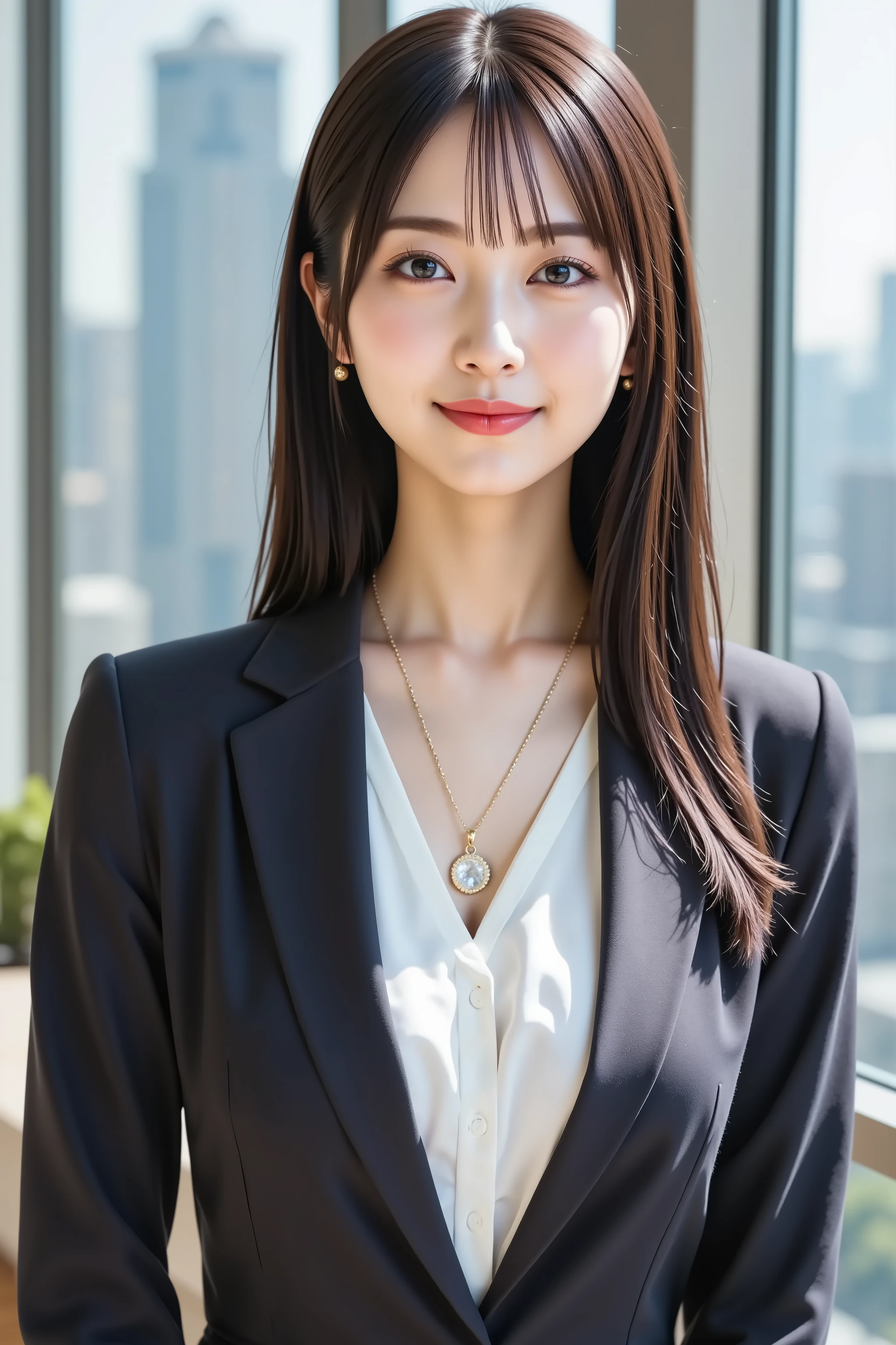 Professional Asian Businesswoman in Suit - Close-Up Portrait
A medium close-up shot, ultra-realistic digital illustration of a charming young Asian businesswoman with , depicted from just above her  upwards. Her radiant, porcelain-like skin has softly blushed cheeks, complemented by a warm, inviting smile that reveals her teeth. Her large, expressive eyes sparkle with confidence and intelligence, framed by delicate eyelashes and subtle professional makeup.
Her long, sleek black hair is styled professionally, with some falling elegantly over her shoulders and soft bangs framing her face. She wears a tailored dark business suit with peaked lapels and a crisp white blouse underneath. The suit jacket fits her generous bust perfectly, with the top buttons of her blouse undone just enough to maintain professionalism while hinting at her curvaceous figure.
A delicate pendant necklace adorns her neck, adding a touch of refined femininity to her powerful business appearance. Her ears feature small, tasteful stud earrings that catch the light subtly.
The background showcases a modern, glass-walled office filled with natural light. Through the transparent walls, a cityscape is visible with tall skyscrapers and urban architecture, suggesting a high-floor executive office. The office environment features sleek, minimalist furniture, enhancing the contemporary corporate ambiance.
The lighting creates a professional yet flattering effect, with soft highlights accentuating her facial features and the texture of her suit. The image is rendered in stunning 8K resolution, capturing every intricate detail from the fabric texture of her suit to the confident gleam in her eyes, presenting the perfect balance of professionalism and feminine charm.