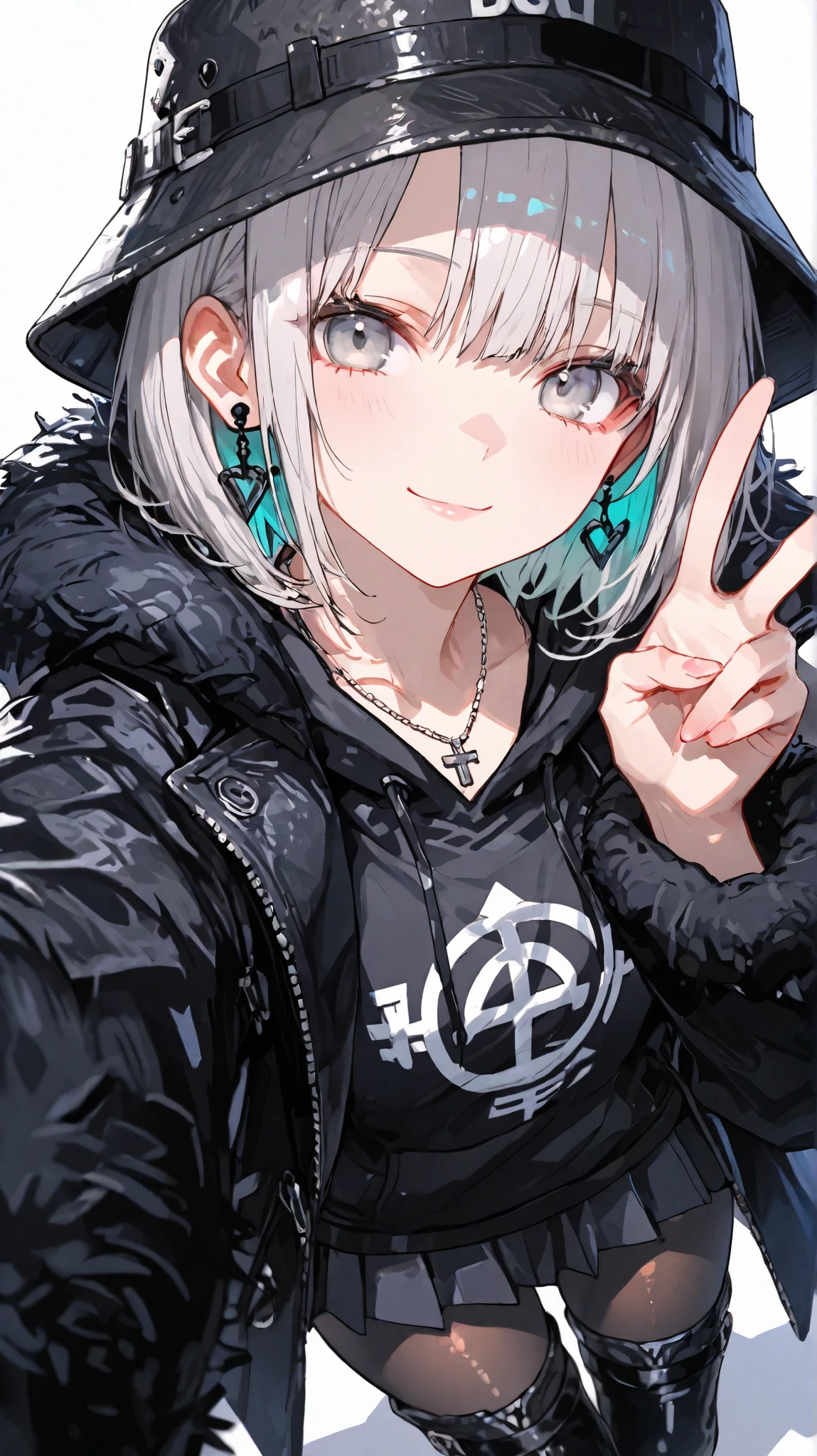 1 girl,bob hair, solo,silver hair,silver eyes,thigh boots,pantyhose,from above,looking at viewer, (EyesHD:1.2), masterpiece, best quality, ultra-detailed, very aesthetic, sharp focus, depth of field, vibrant colors, ray tracing, best lighting, detailed illustration, detailed background, cinematic,selfie,extreme close up, black sweatshirt,black pleated skirt, black boa coat, LEATHER BUCKET HAT, necklace, earrings,smile,peace