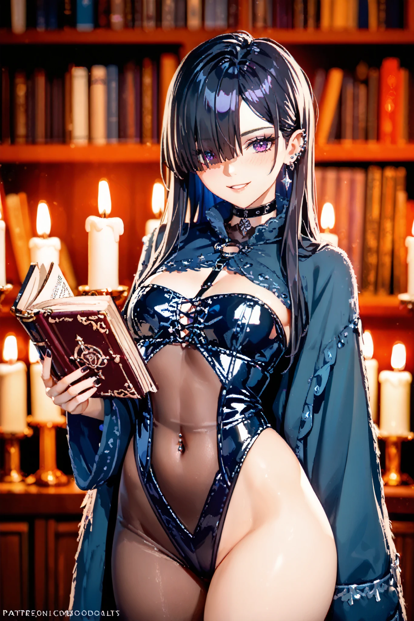 adult-girl , tall and slender , Goth girl , piercing , menacing-eye-shadow , black hair , hime-cut , hair over one eye , turtle neck , tube top , fur-long-wizard-robe , sexy wizard , (half-body-stocking) , navel , small breast , (wide hips) , (big ass and thighs) , choker , side-view , looking at the camera , naughty smile , blushing , dramatic angle , blurry background , bokeh , violet-red-sparkle , violet-red-bokeh , in the kingdom library, medieval library , wizardry-collection , holding a huge-magicbook , zzmagicbook , aura , medieval fantasy , low-light , night , (candle-light) , close up