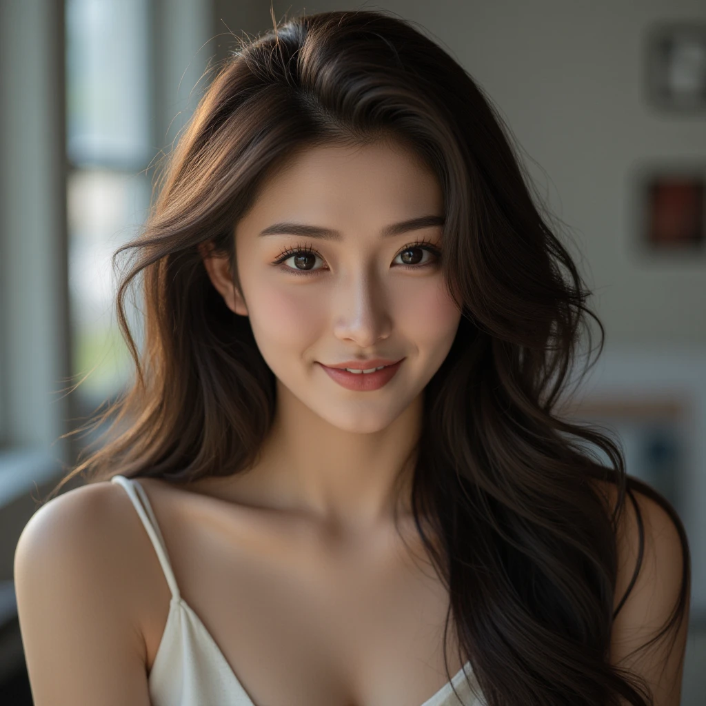 Beautiful 23 year old woman。she is wearing a satin camisole。Lace on the chest and hem.。cute smile。her dark brown hair、、her hair is long。High resolution、masterpiece、highest quality、Head w:1.4、((Hasselblad Photos))、fine skin、fine knit、(movie lighting)、clavicle