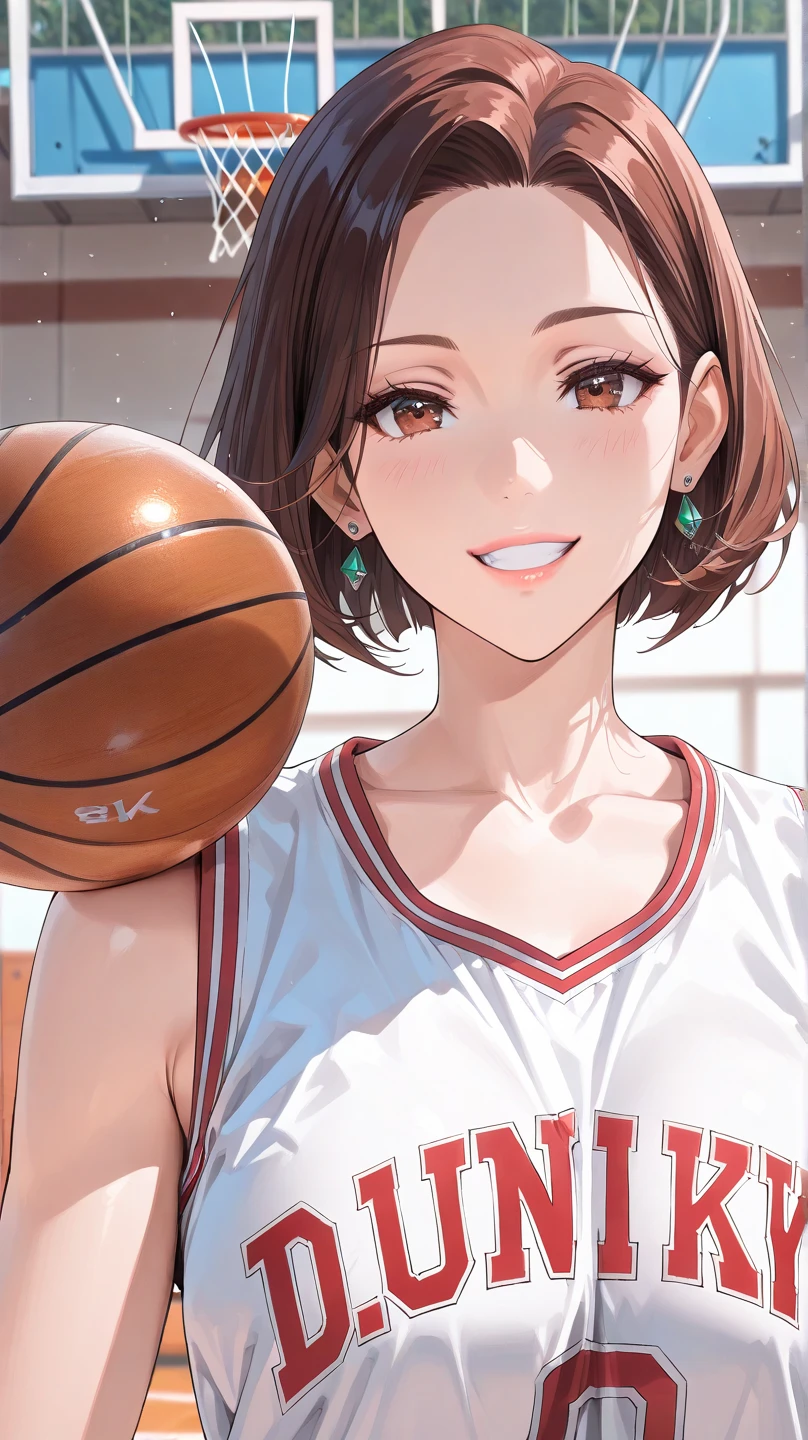 (masterpiece), (best quality), (ultra-detailed), (best illustration), (best shadow), (absurdres), Female, 25 years old, steam, close mouth, medium breasts, shy, light smile, sports, basketball,
