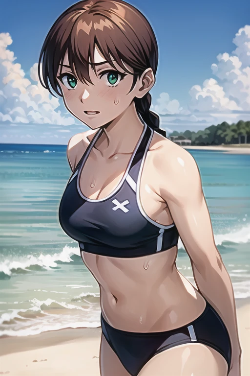 (4k) masterpiece, beautiful, sunny beach background, man with mullet hair, earrings,