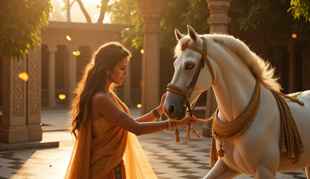 A golden carriage being pulled by 4 white horses, a Javanese woman sitting in the carriage, a beautiful woman with a charming smile, long hair, wearing a small gold crown, jasmine rojce hanging down her chest from ear to chest, wearing a green camisole (kemben), lots of gold jewelry, The yellow shawl, gold obi, lots of jewels, create hyper realistic, detailed photos, facing the camera, the beautiful and charming queen of the Javanese kingdom. long waving hair, wearing traditional Javanese queen clothing, green kemben (camisole) luxurious gold necklace with an ornate gold crown, roncean (garlands) of jasmine flowers arranged hanging from behind her ears to her chest. The queen rides a dragon motif carriage, there are two dragons large circular gold, giving the impression of mysticism and magical power. These dragons looked golden with glittering golden scales and eyes that radiated light. Pulled by four strong and dashing white horses galloping, raising dust and sand, showing their speed and power. the material looks dark and sturdy, with detailed and intricate ornaments, adding a sense of grandeur to the entire scene.Background The cloudy sky and thick fog provide a mysterious and epic atmosphere.Ulta-HD.HD.65K.The train runs on the sea between the waves.Background of sea waves rain lightning and storm HD,4K