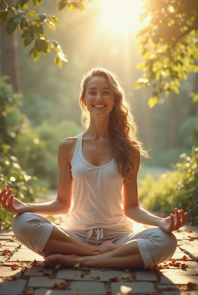 In the morning, a person is doing yoga or stretching in a lush green park, surrounded by freshness and greenery, with a bowl of fresh fruits and vegetable salad nearby. The person should be looking healthy, happy and energetic. Image Size in pixels 1200*628