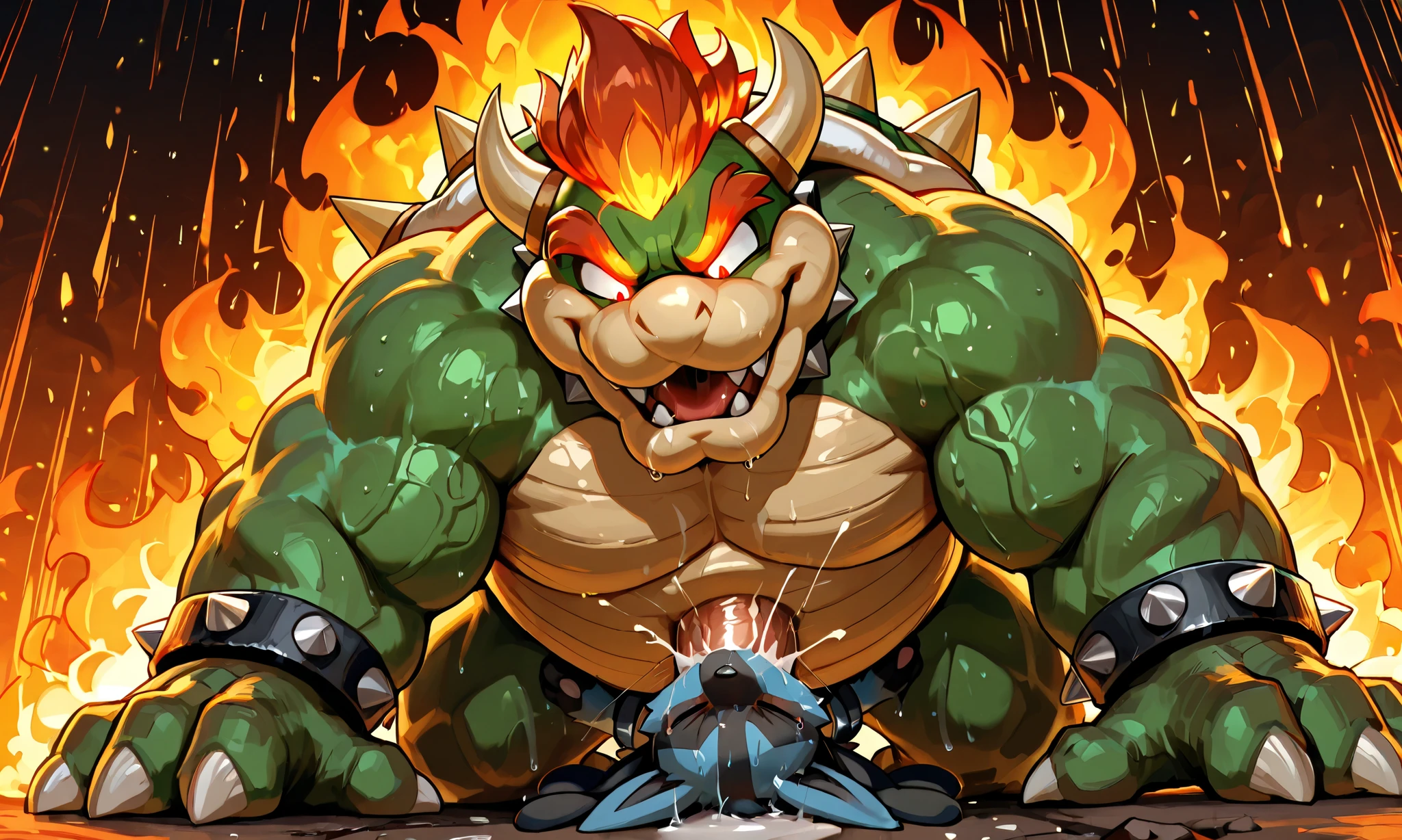large bowser, small feral lucario, irrumatio , deepthroat,  [bowser:heavy weight bulky fat, massive strong body, wide pectoral muscles, grabbing head, evil smile, open mouth, looking down, hyper big penis, hard cumming, bodily fluid, sweaty, smelly steam, saliva trail, large semen puddle] [lucario:lying on back, forced, close eyes, mouth full, drowned in semen], motion blur, motion line, fire  background, from below