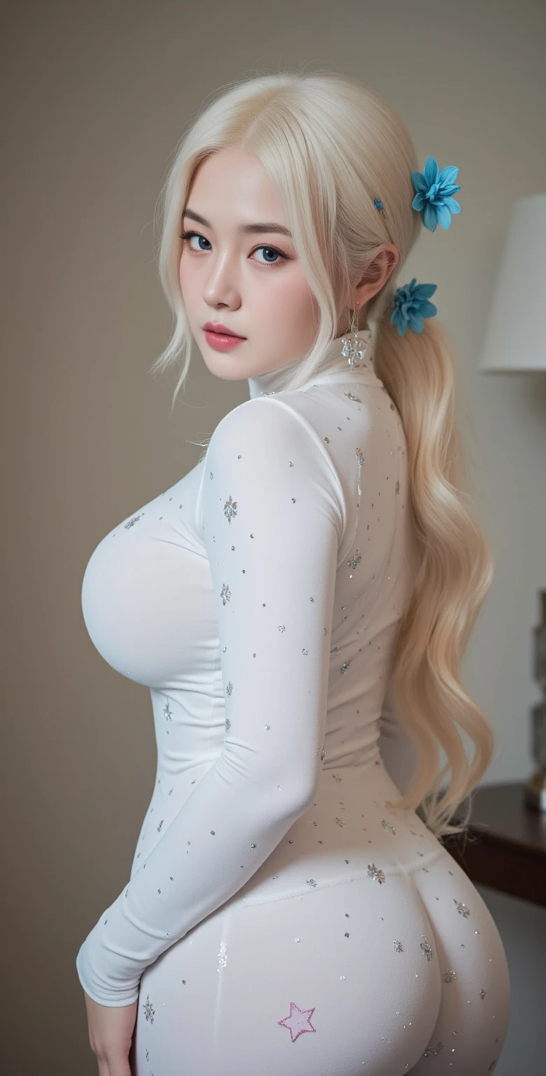 Best quality, Masterpiece,Blonde hair, Blue eyes,White clothes, Looking to viewer, Upper body,Hairline,Fair skin,Side braids,8k, hot,sexy, big boobs, curved body