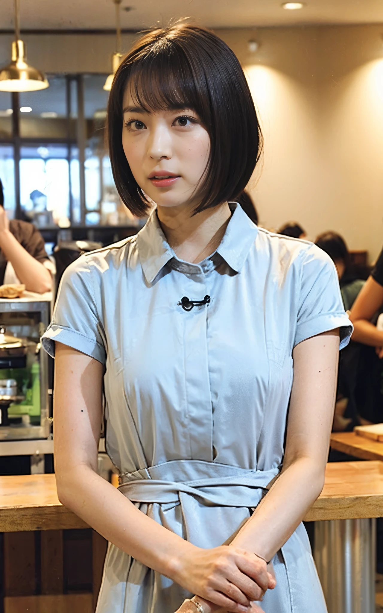 , masterpiece、  ultra high definition、   exists、 (( Beautiful wife:1.6)),   Floral light shirt  、  cleaning the living room,        high resolution face     、  detailed face、Detailed flat chest、  small breasts、      swollen nipples、   fine skin、Detailed genital shapes、   upper body、 Sitting cross-legged in the correct posture, ( cafe clerk:1.5),  pictures,    Darkness,   short bob,        flowing bangs       ,   big blonde face, Fuller lips, Actress makeup,   naughty expression  , An explosion of discontent, I want you to touch me
