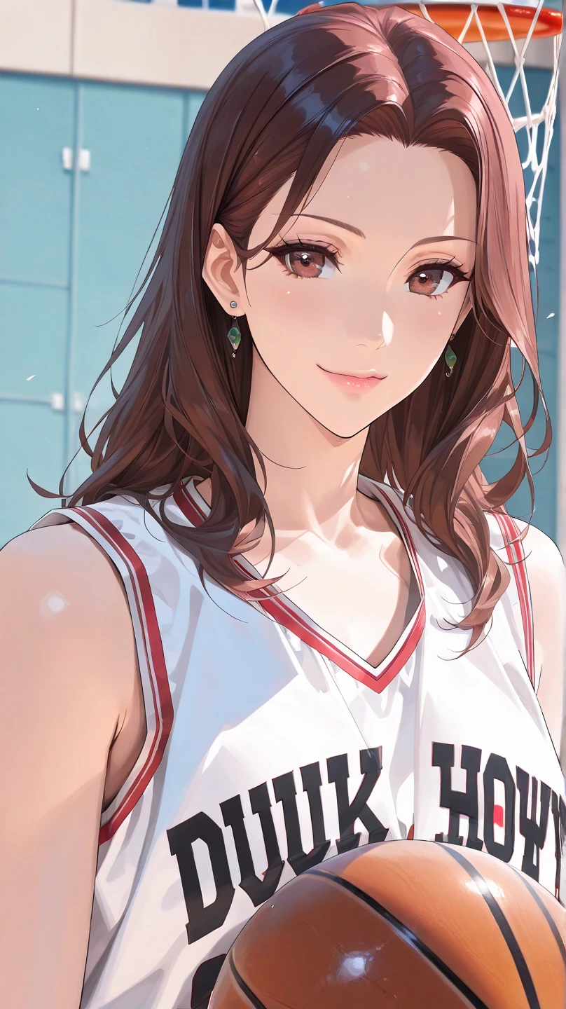 Masterpiece: 1.2, best quality), (8k, best quality, masterpiece: 1.2), (realistic, realistic: 1.37), ultra-detailed, best quality, ultra-high resolution, professional lighting, photon mapping, radiosity, physically based rendering, cinematic lighting, basketball court, depth of field, clear focus, sunlight, good composition, (bokeh: 1.2) 1girl, solo, (full body), beautiful detailed eyes, smiley face, pose, narrow waist , mid-chest, sheer, (sexy transparent tank - top basketball suit), brunette hair, messy hair, long hair fluttering in the wind, (ulzzang-6500:1.2)