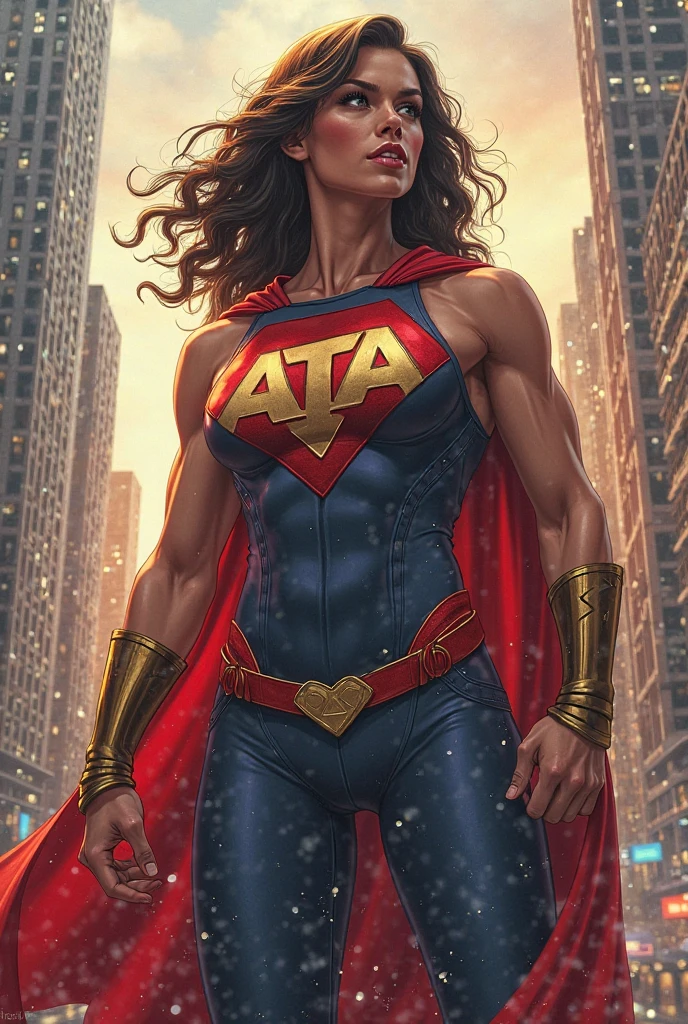 Lucy Liu as a feminine but muscular Shazam in the iconic red and gold outfit with the lightning bolt on the chest and a white cape that is being caught by a light wind, seen from below as she hovers between two tall buildings during the golden hour