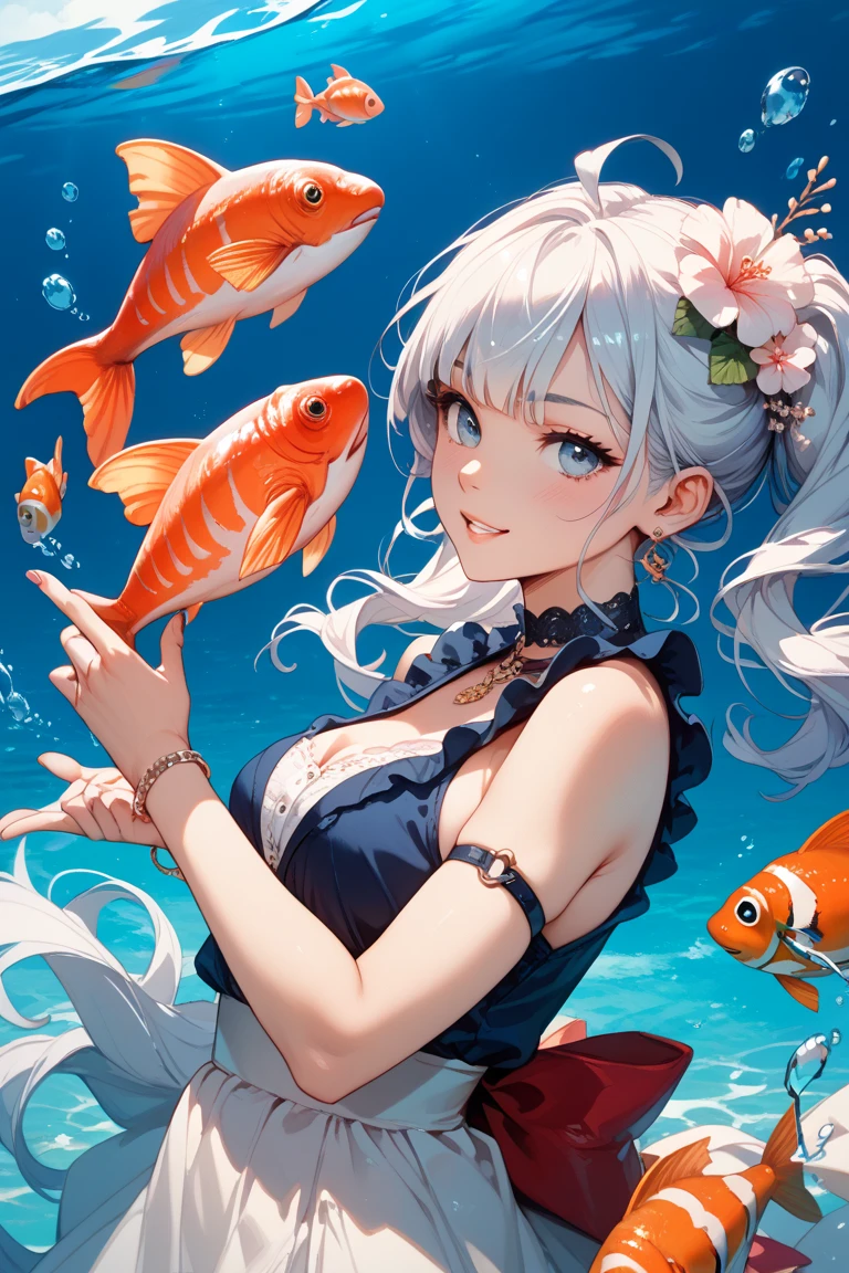 (masterpiece), (best quality), (ultra detailed),(disheveled hair),(illustration), (1girl), (Fashionable clothing), standing, Fashion model, looking at viewer, (interview), (simple background),beautiful detailed eyes, delicate beautiful face, Floating,(high saturation),(colorful splashes),colorful bubble,(shining), focus on face, ponytail, kamisato ayaka, light blue hair, bangs, hair ring, floating flowers, floating hairs, (shining), best lighting, best shadow,masterpiece, top quality, best quality, swimsuit party, in the water,fish,watermelon,cute style, perfect structure, summer theme