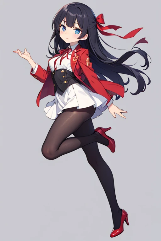 Cute Woman, Full Body, Smiling, Very Long Hair, Dark Blue Hair, Very Shiny Hair, Red Blouse 1.1, Black Pants 1.1, Black Heels 1.1, Red Sole 1.1, Jumping, Giant Operated Background