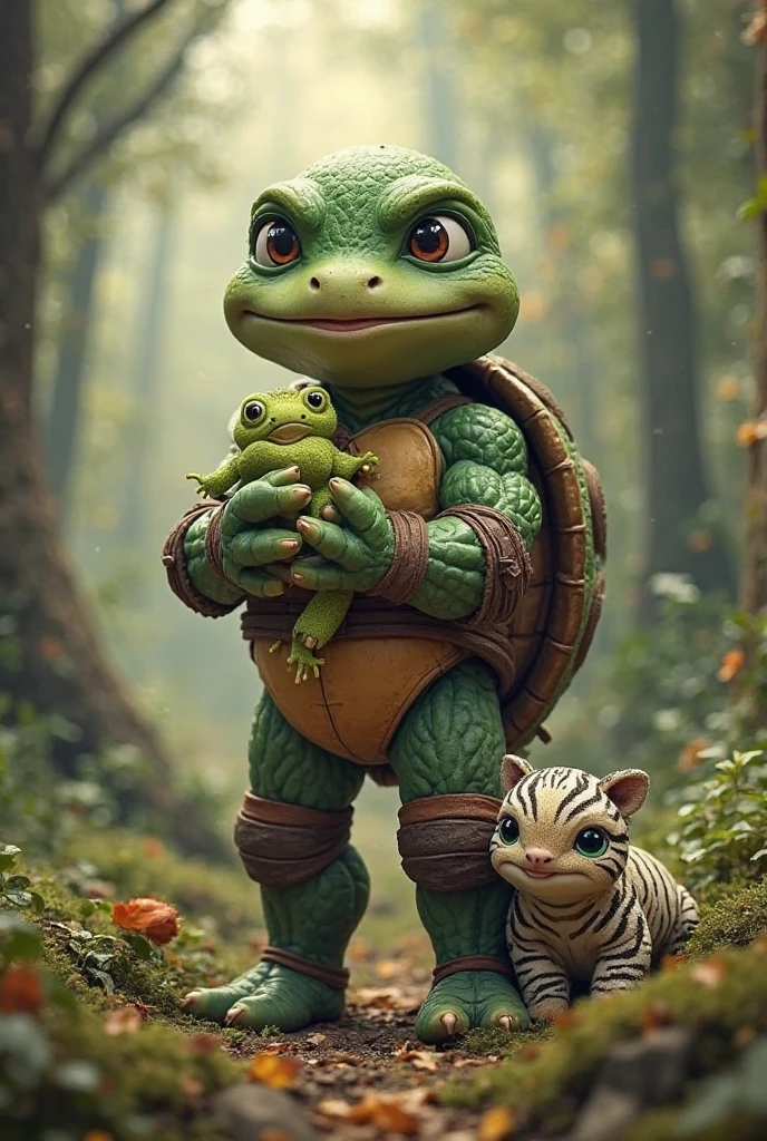 Ninja turtle holding a stuffed frog in its hand with a cuddly zebra cub on its side