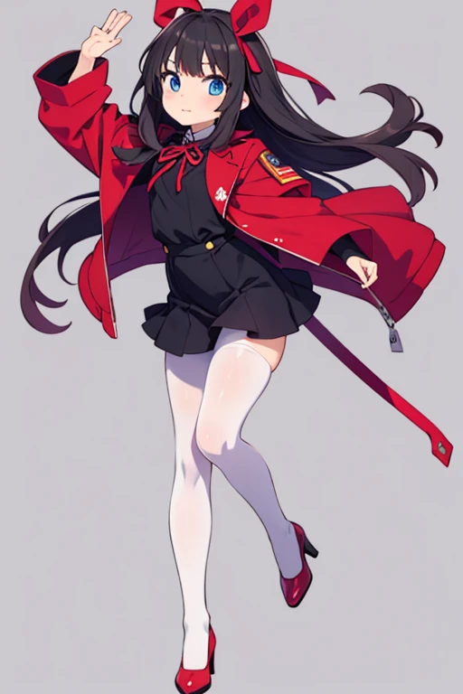 (masterpiece, best quality, ultra-detailed, high resolution, perfect anatomy, detailed, highres, extremely detailed, ultra detailed, very aesthetic:1), (full body:1.2), (kyoto animation:1.2), (soft shadows), (high quality skin), yuuki_yuna, Yuki Yuna is a brave man, (1girl, 独奏, hair ornament, red eyes, hair between eyes, White hair ribbon, bright red hair, side ponytail:1.1), (beret,(black military uniform:1.3), skindentation, thigh strap, thighhighs, gloves, gun, large breasts, (skirt with slit:1.2)), standing