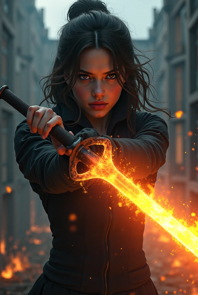 {best quality,4K,8k,highres,masterpiece:1.2),ultra-detailed,(realistic,photorealistic,photo-realistic、looking at the camera}、{Very large breasts、Covered nipples、extremely detailed eyes and face}、Flaming background、(Has a fire element、There are sparks、Holding a bow)、vibrant colors、Thigh