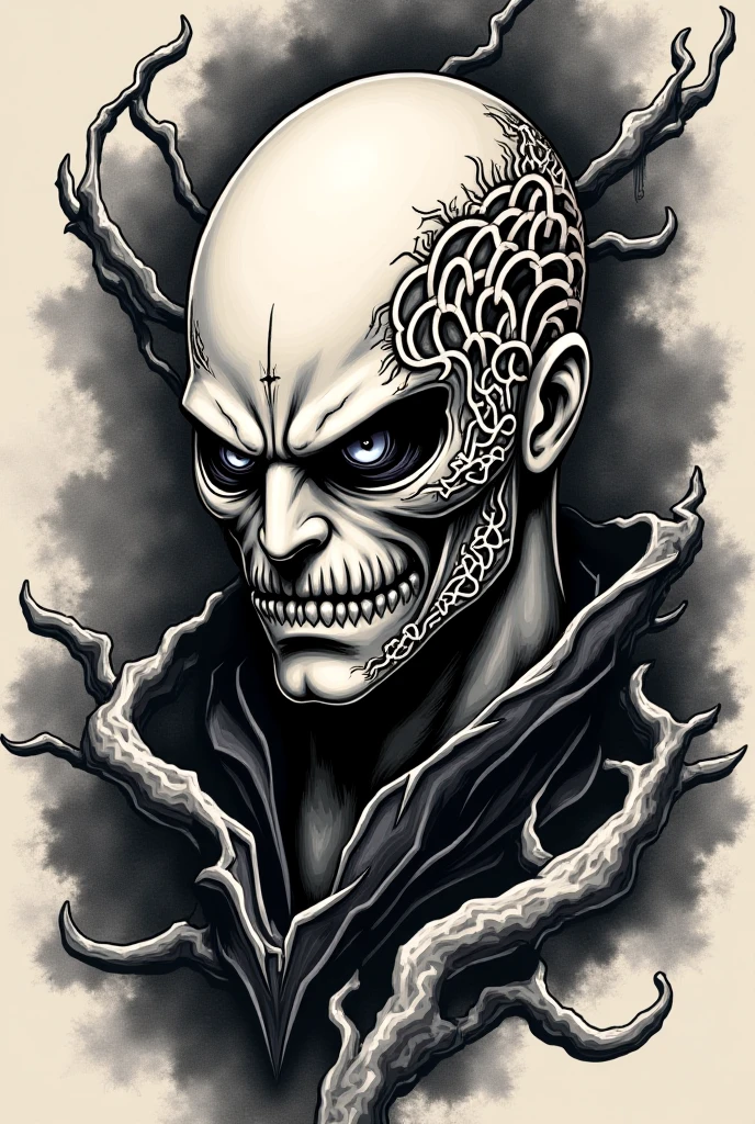 a drawing of a scary-looking man with a mohawk, Motivos de donzela de ferro brega, Donzela de Ferro, Rob Bottin, arte pushead, Directed by: Ron Walotsky, Directed by: Rick Griffin, arte em heavy metal, Directed by: Todd Lockwood, raiva. hiper detalhado, iron maiden album cover, estilo de arte heavy metal, donzela, sorriso louco, Arte em metal dos anos 1980
