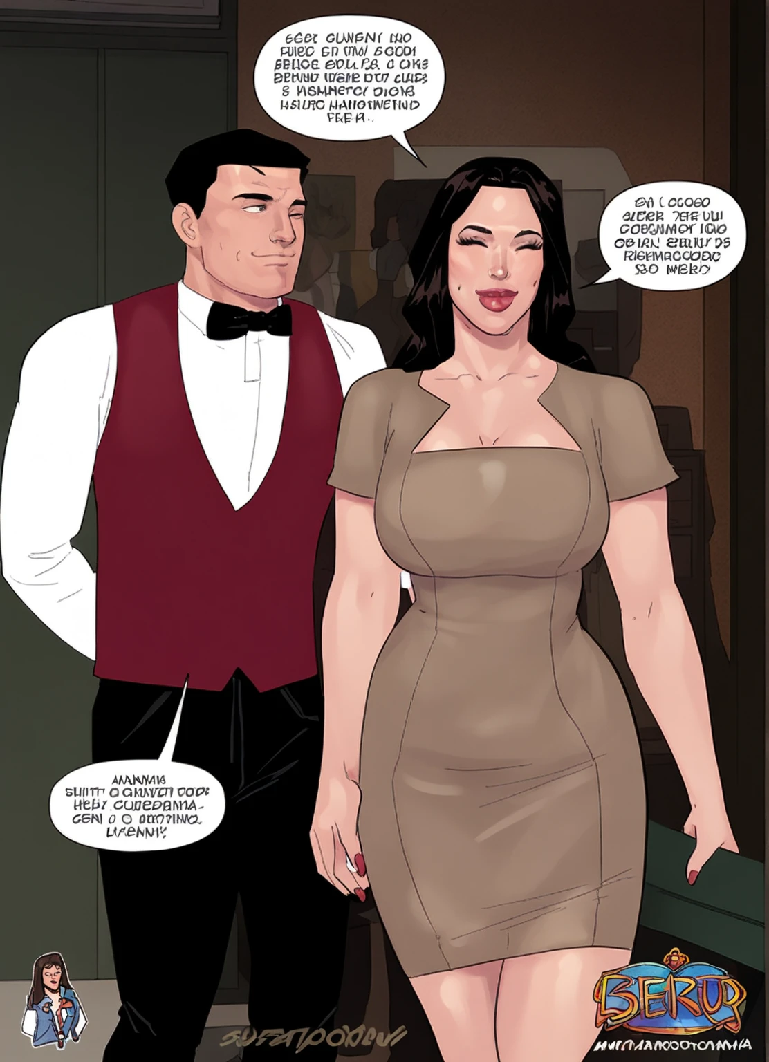 A mature woman, long black hair tied up, black eyes, thin lips, round face, huge breasts ((with cleavage)) wide hips, wearing a long dress with an apron, sitting on the sofa answering the phone, looking shy, behind her, a man mature man ((her husband)) roasting meat on the barbecue and a boy. 18 years ((her son)) helping with detailed and perfected meat art, ambiance of the house's leisure area, representing a family, the unfaithful wife on the phone sitting on the sofa while her husband roasts meat on the barbecue with their son, both two smiling