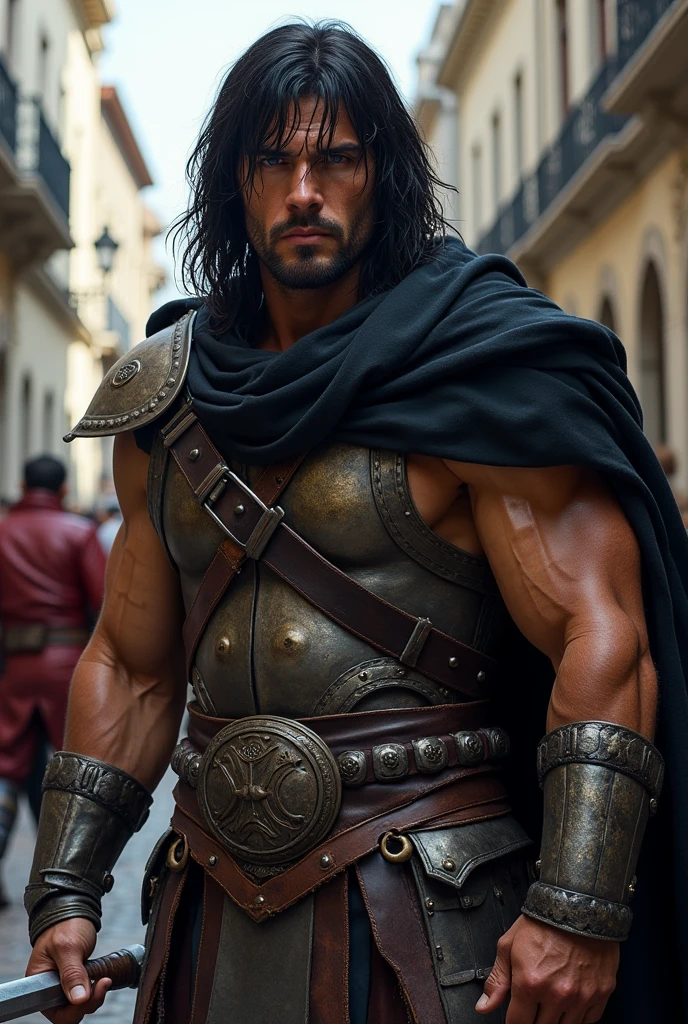 ((mejor calidad)), ((Obra maestra)), (detallado), cara perfecta
"The Song of Roland" es descrito como un hombre alto y fornido, with a muscular and robust build. He has a thick, scruffy beard., que le da un aspecto rudo y masculino. Su cabello es corto y oscuro, con algunas canas que denotan su edad avanzada.
Sus ojos son profundos y penetrantes, of a dark color that denotes determination and courage. Su mirada es intensa y firme, reflecting his strong and determined character. Su piel es curtida por el sol y el viento, with some scars that bear witness to his numerous battles and heroic deeds.
Viste una armadura de hierro, adornada con motivos tallados y grabados, which reflect his position as a knight of high nobility. He carries a long, sharp sword on his belt., siempre lista para el combate. Su porte es imponente y majestuoso, with a serene and proud attitude that denotes his bravery and honor.
En resumen, the Roland of the Novel "The Song of Roland" es un guerrero formidable y fiero, with an imposing presence and an indomitable spirit. Su imagen es la de un caballero noble y audaz, dispuesto a luchar hasta el final por la justicia y el honor.