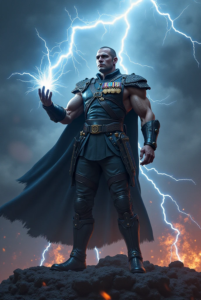 Thick Gold Cross on a necklace. Torn robes. 60 years old, greying hair. An arcane mage swirls purple, glowing, arcane energy around himself. He is an absolute muscle monster, with impossibly broad, well toned shoulders and a V shaped body with narrow waist. His shoulders are three times wider than his waist. Bare-chested, he is hairy chested, balding, with stubble