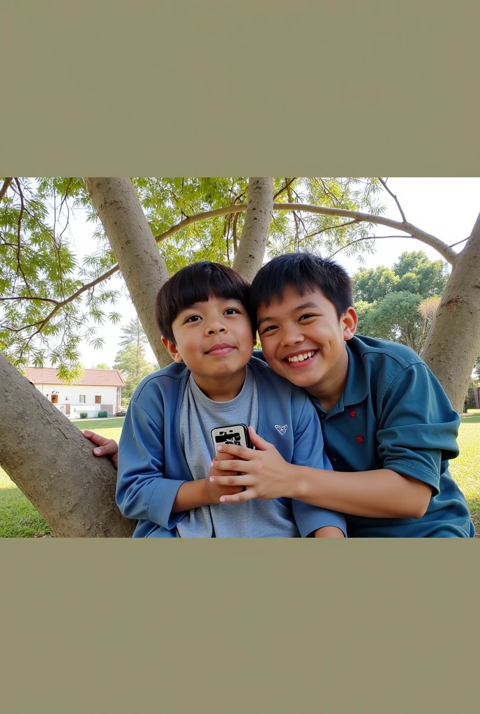 there are two boys standing next to each other taking a selfie, selfie photo, blurry image, with accurate face, with village, with kind face, connected with hanging bridge!!, selfie!!!!!, selfie, taken with the best dlsr camera, very very low quality picture, during sunset, looking at camera!!!, old picture, very accurate photo, face picture