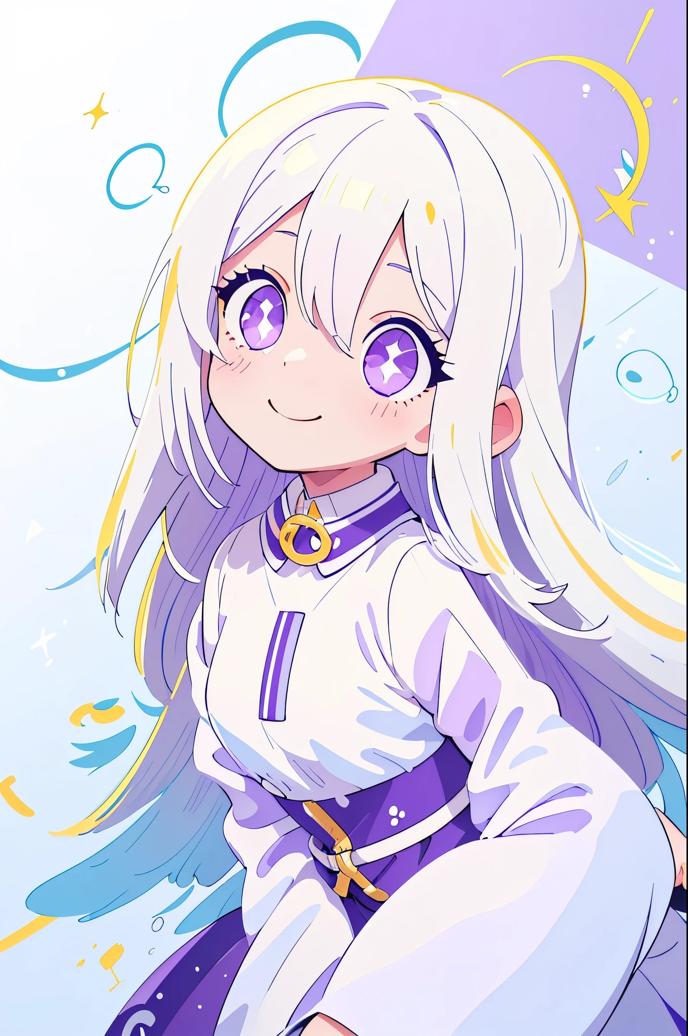(main part, Best quality at best:1.2), 1 girl, Yellow hair color, blue inner color design on collar. Angel rings. Angel. Sparkling eyes. big white hair, a purple eye, white and light purple clothes, An innocent and happy smile. Sparkling highlights in their eyes, curious expressions,