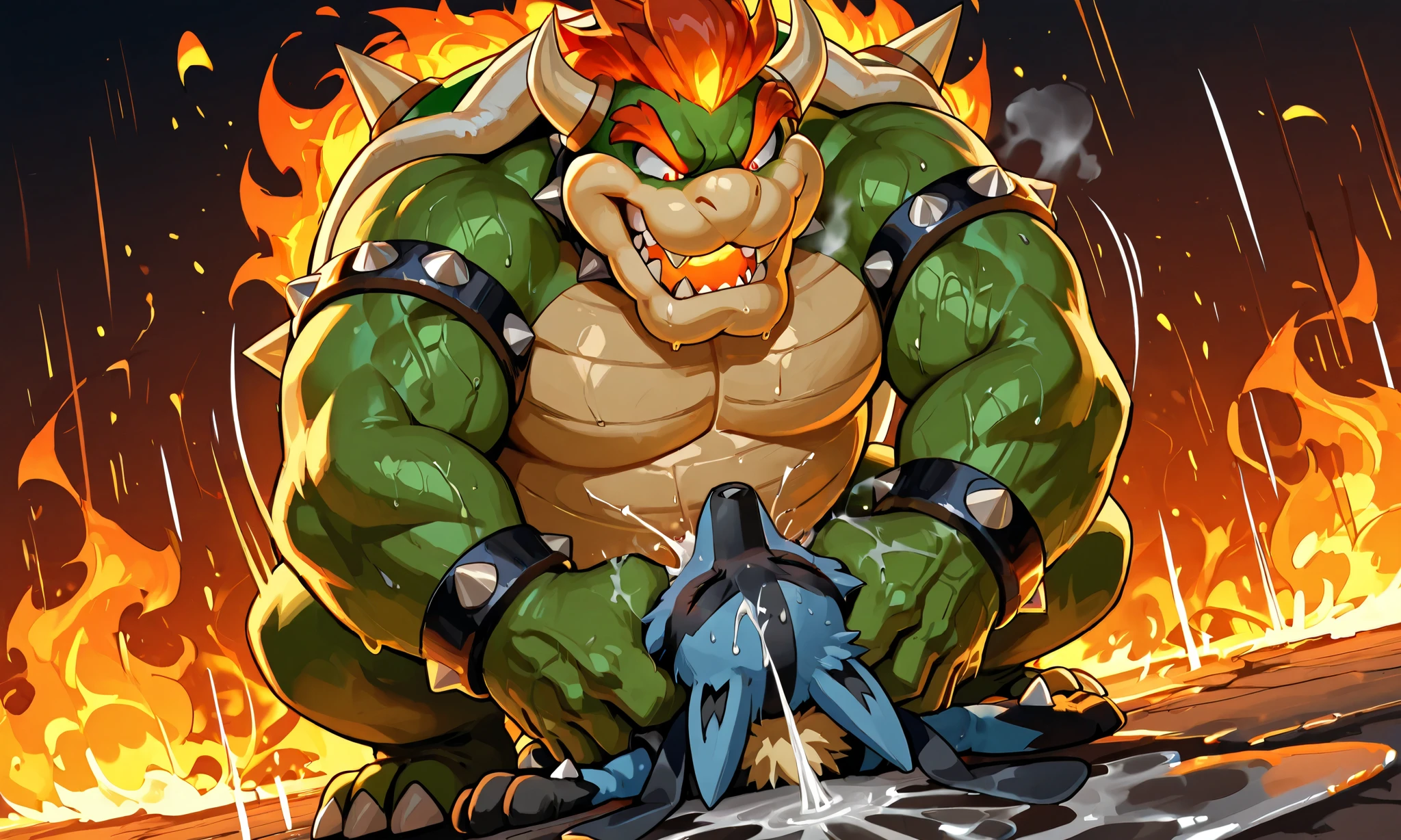 large bowser, small feral lucario, irrumatio , deepthroat,  [bowser:heavy weight bulky fat, massive strong body, wide pectoral muscles, grabbing head, evil smile, open mouth, looking down, hyper big penis, hard cumming, bodily fluid, sweaty, smelly steam, saliva trail, large semen puddle] [lucario:lying on back, forced, close eyes, mouth full, drowned in semen], motion blur, motion line, fire  background, from below