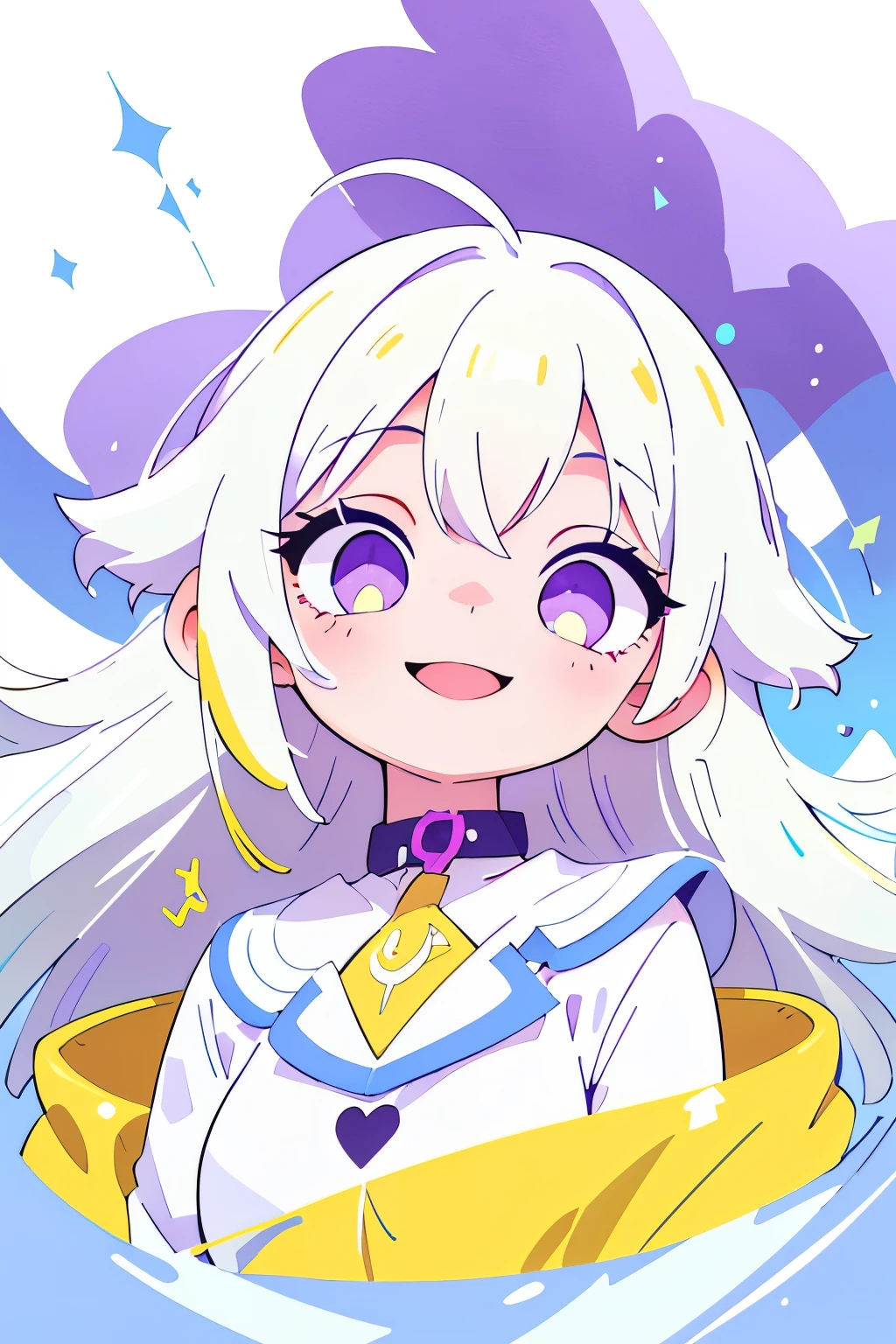 (main part, Best quality at best:1.2), 1 girl, Yellow hair color, blue inner color design on collar. Angel rings. Angel. Sparkling eyes. big white hair, a purple eye, white and light purple clothes, An innocent and happy smile.
Sparkling highlights in their eyes, curious expressions,
