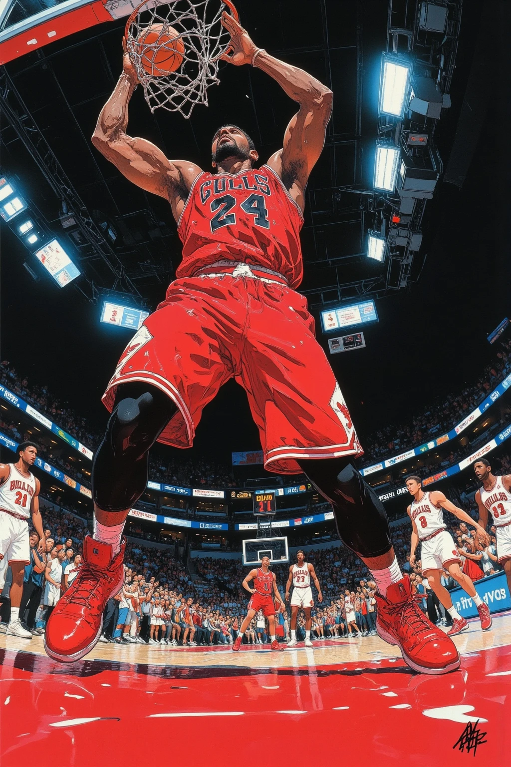 Captured from a low angle with a fisheye lens、tall to determine slam dunk Muscular male African basketball player,are placed on the ground,is holding a basketball in one hand in the air and stretching his arms towards the goal(preliminary movements for dunk shots), is the uniform (Chicago Bulls)red、white、Black and vivid,Dynamic,realistic wrinkles and movements are clearly written,background is brightly illuminated indoor basketball court,audience cheering,dramatic scene,Strong lighting,cameras that highlight players' muscles and sweat,add motion blur that emphasizes speed of movement, Anime Style ,japanese modern anime,strong lines and vivid colors, Characteristic depiction