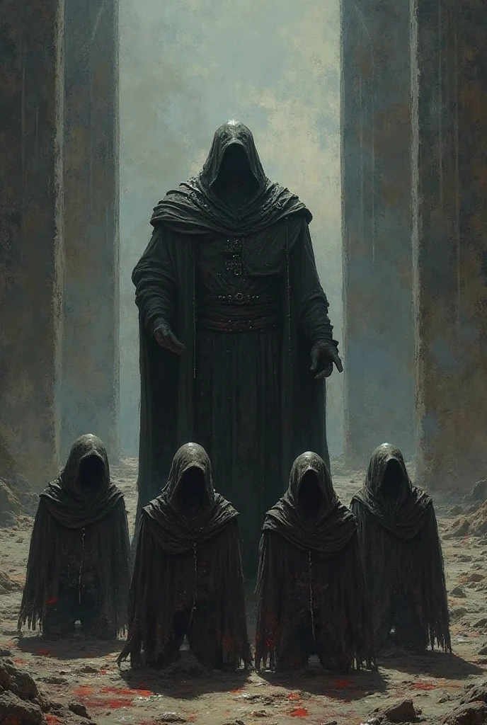 Create a picture for me of four people being executed by a powerful person