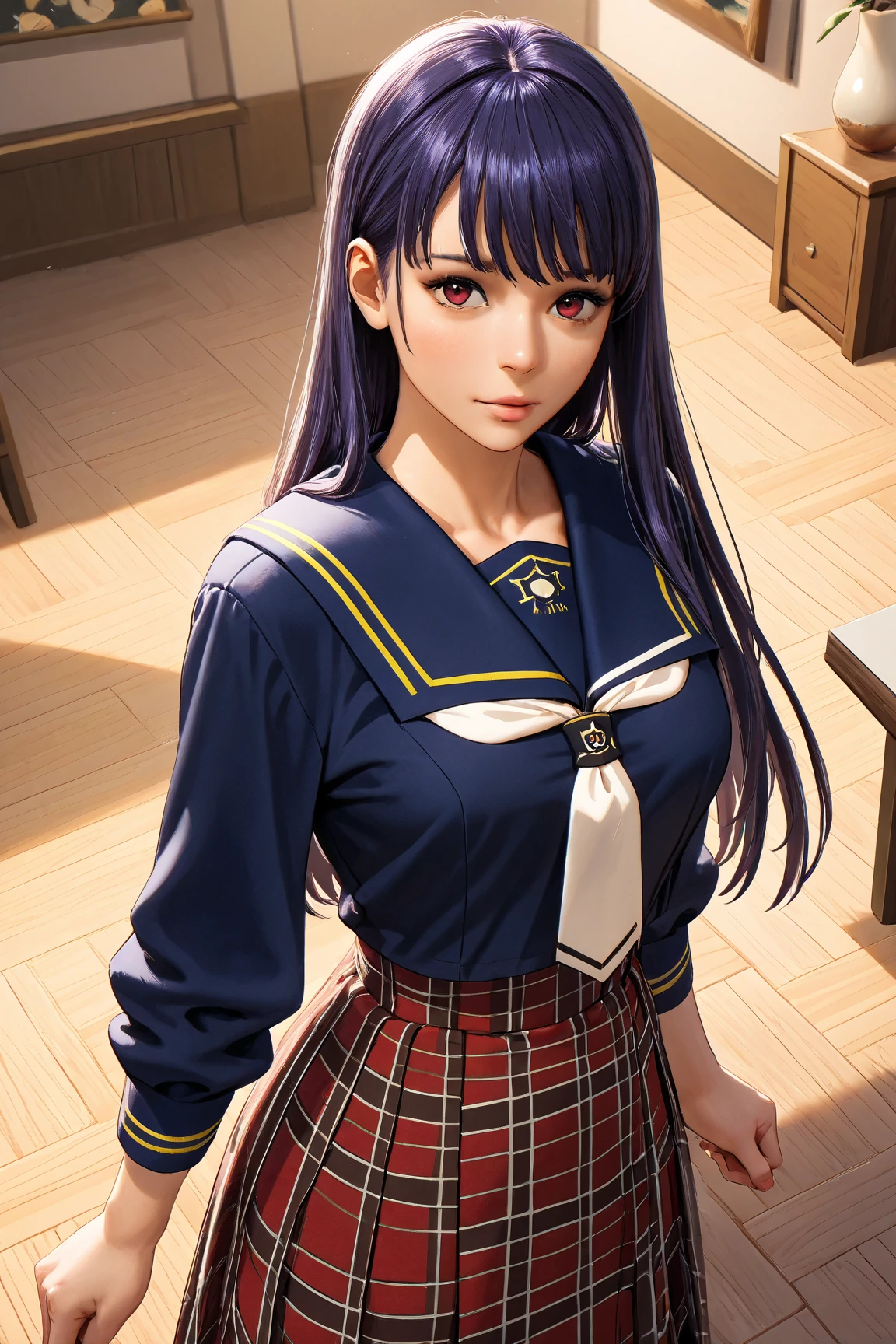 score_9, score_8_up, score_7_up, score_6_up, uncensored, yukinoshita yukino, black hair, long hair, grey eyes, BREAK (masterpiece:1.2), best quality, high resolution, (detailed eyes:1.3), perfect lighting, (perfect hands, perfect anatomy), head tilt, long hair, shiny skin, small breasts, miniskirt, pleated skirt, skin tight, zettai ryouiki, classroom, spotlight, bokeh, hands on pocket, necktie, mature female, tall girl,